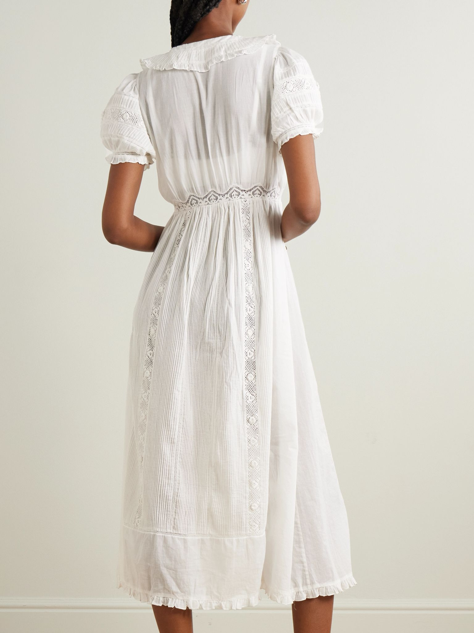 Phoebe lace-trimmed pintucked organic cotton-voile midi shirt dress White - 3