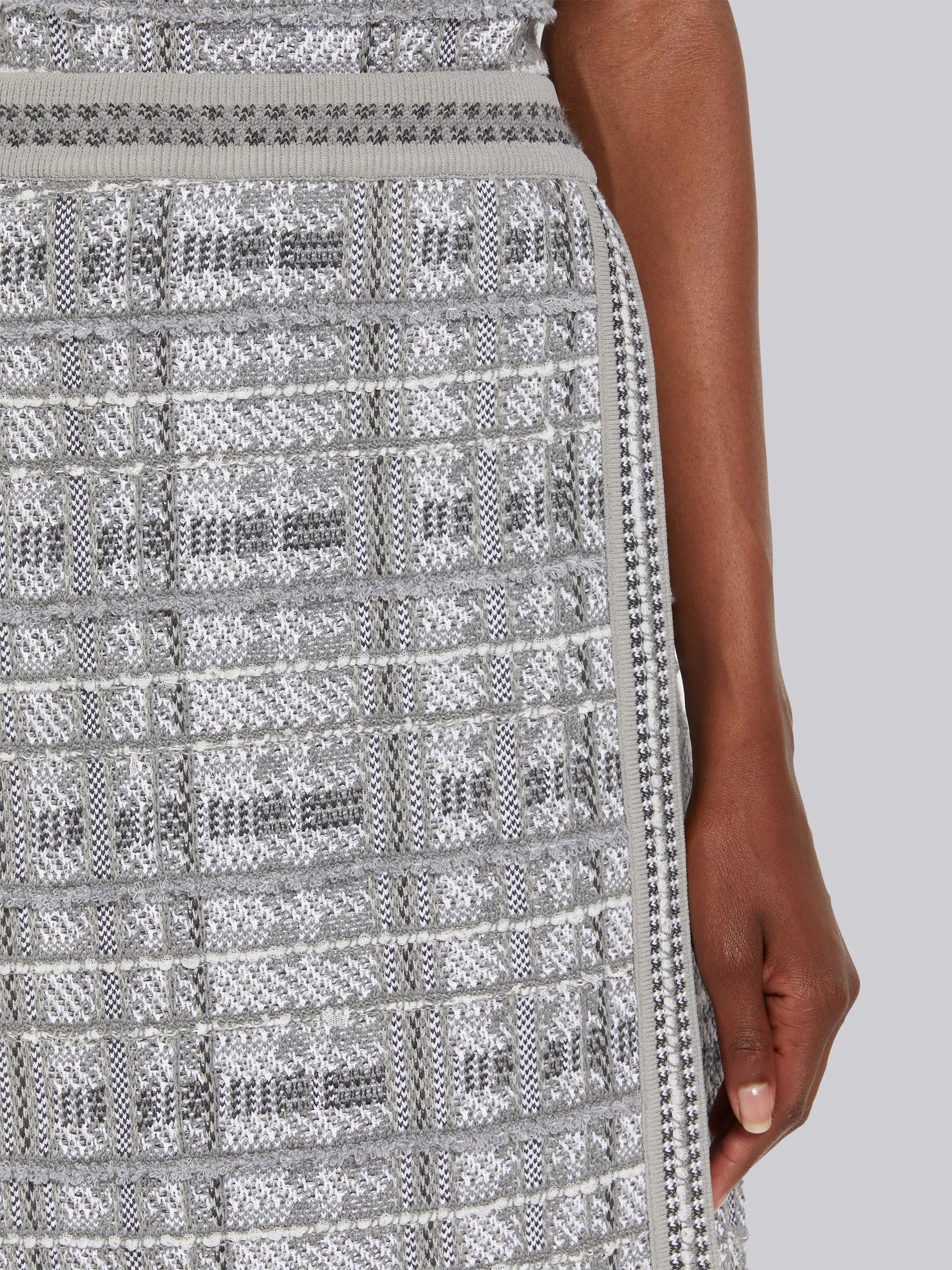 Tonal Grey Hairline Madras Check Jacquard Stripe Inlay A-line Knee Length Skirt - 4