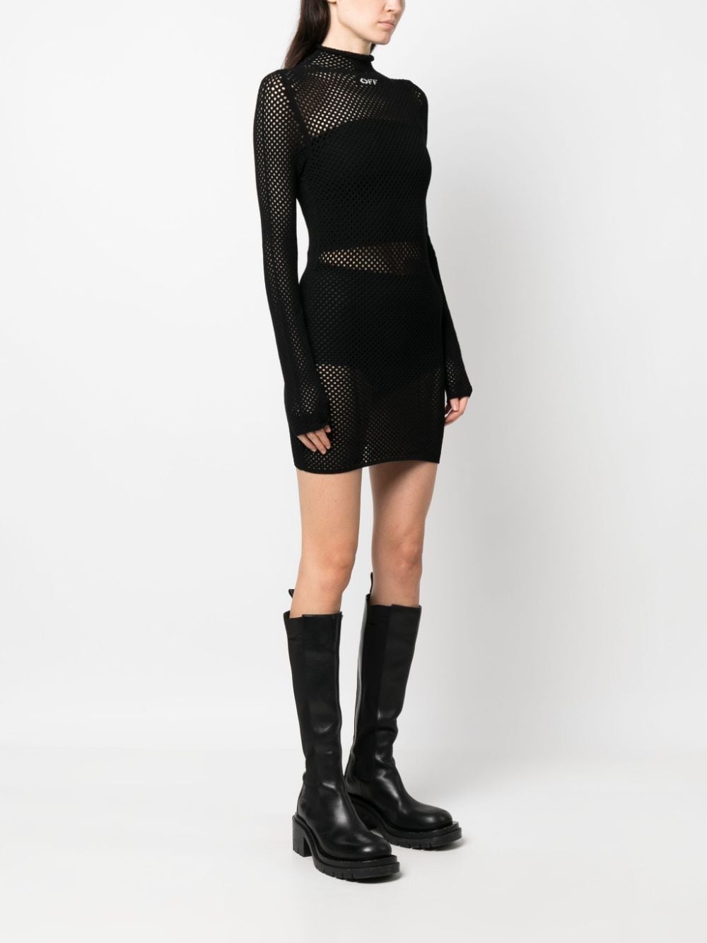 intarsia-logo mesh knitted dress - 3