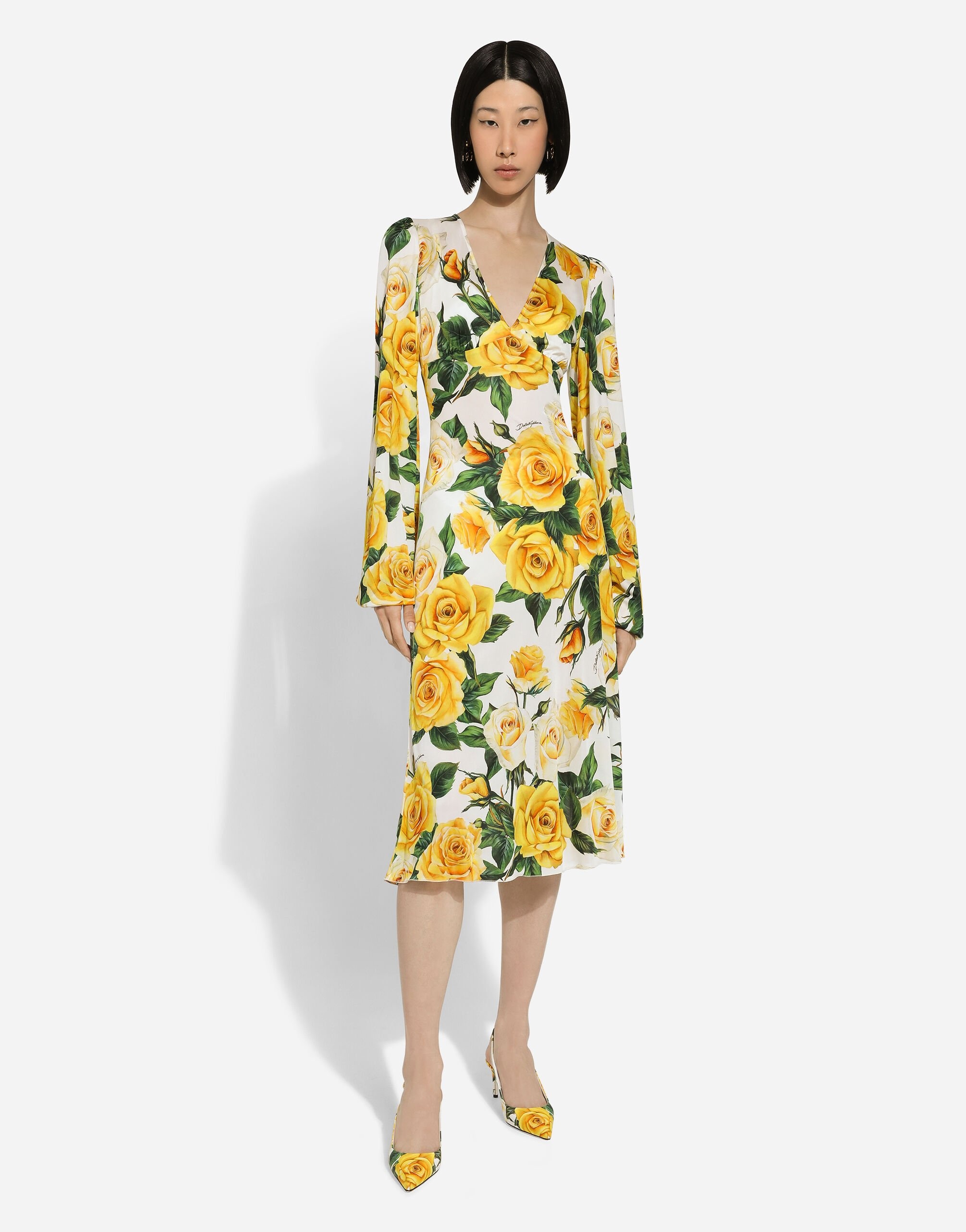 Organzine V-neck dress with yellow rose print - 2