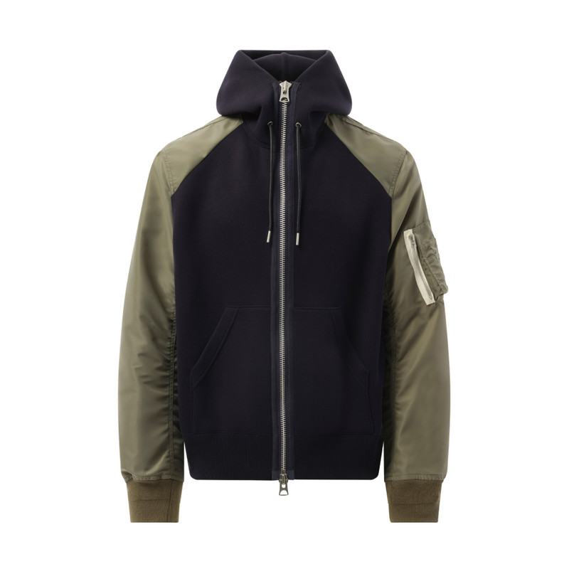 sacai Sponge Sweat Nylon Zip Hoodie in Navy/Khaki outlook