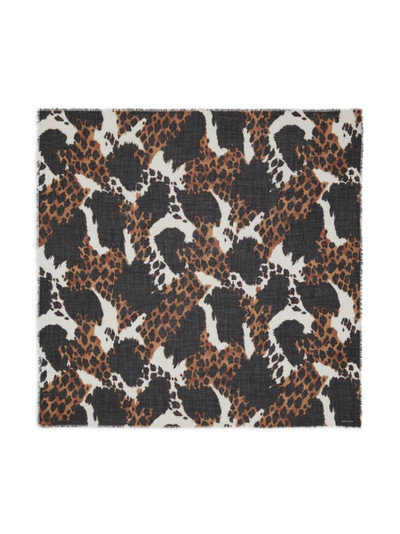 SAINT LAURENT animal-print fringed wool scarf outlook