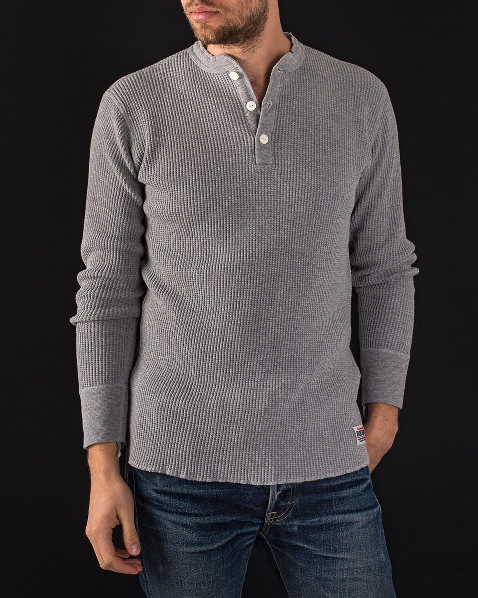 IHTL-1213-GRY Waffle Knit Long Sleeved Thermal Henley - Grey - 4