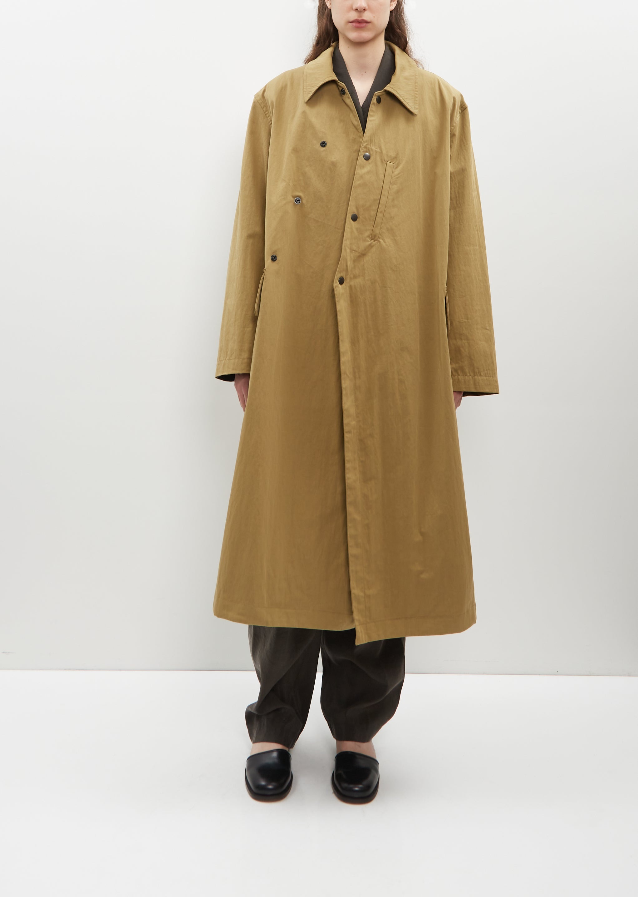 Cotton Blend Asymmetrical Raincoat — Ochre Khaki - 4