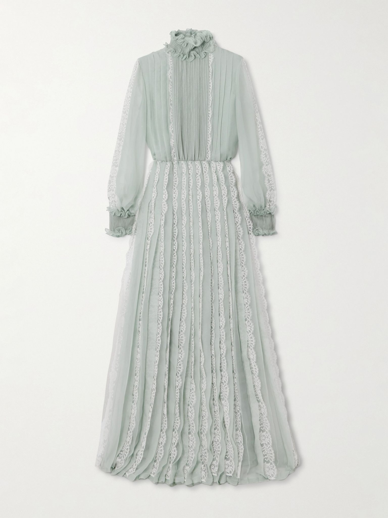 Ruffled lace-trimmed pleated silk-chiffon gown Blue - 1