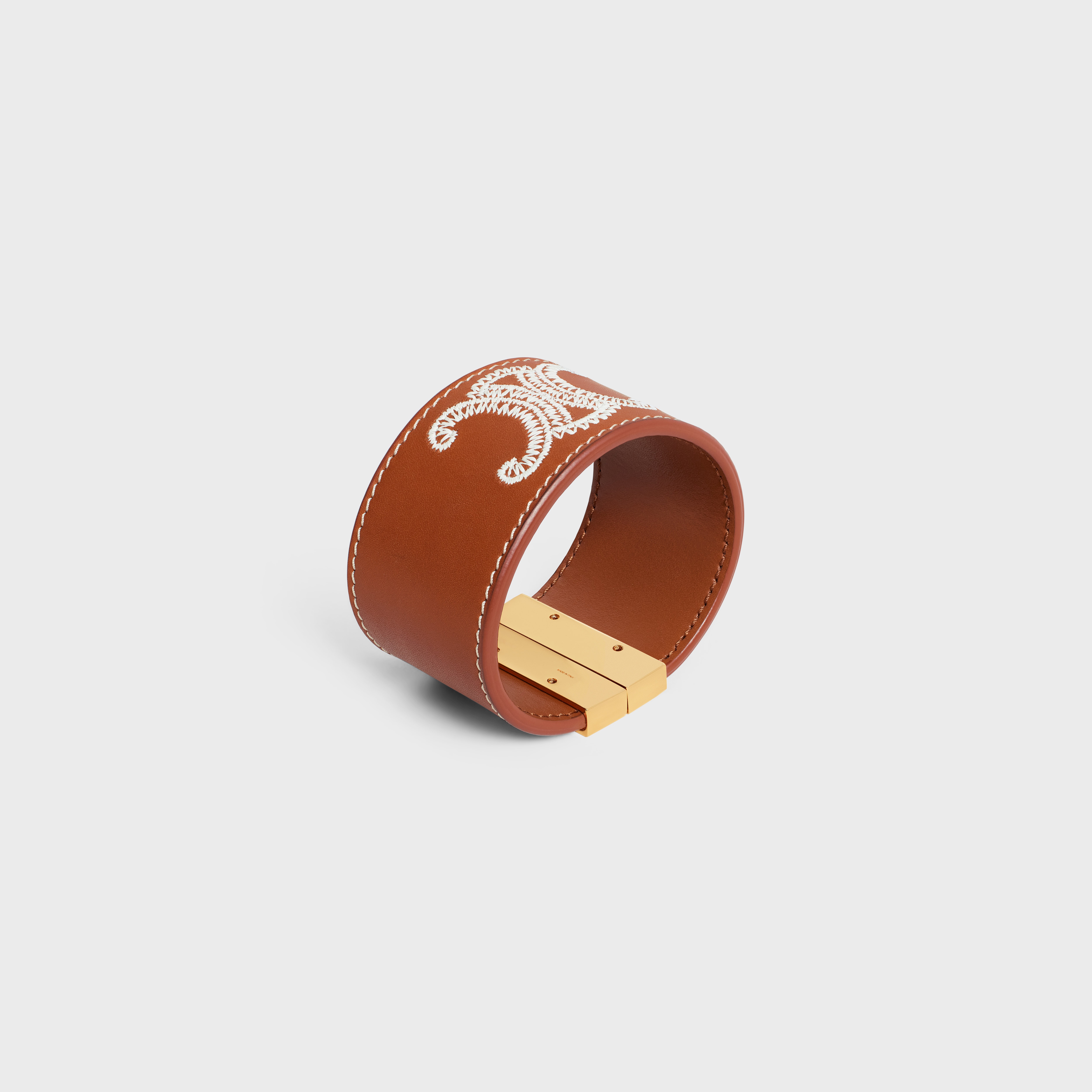 Triomphe Embroidered Leather Bracelet in Brass with Gold Finish and Calfskin - 2