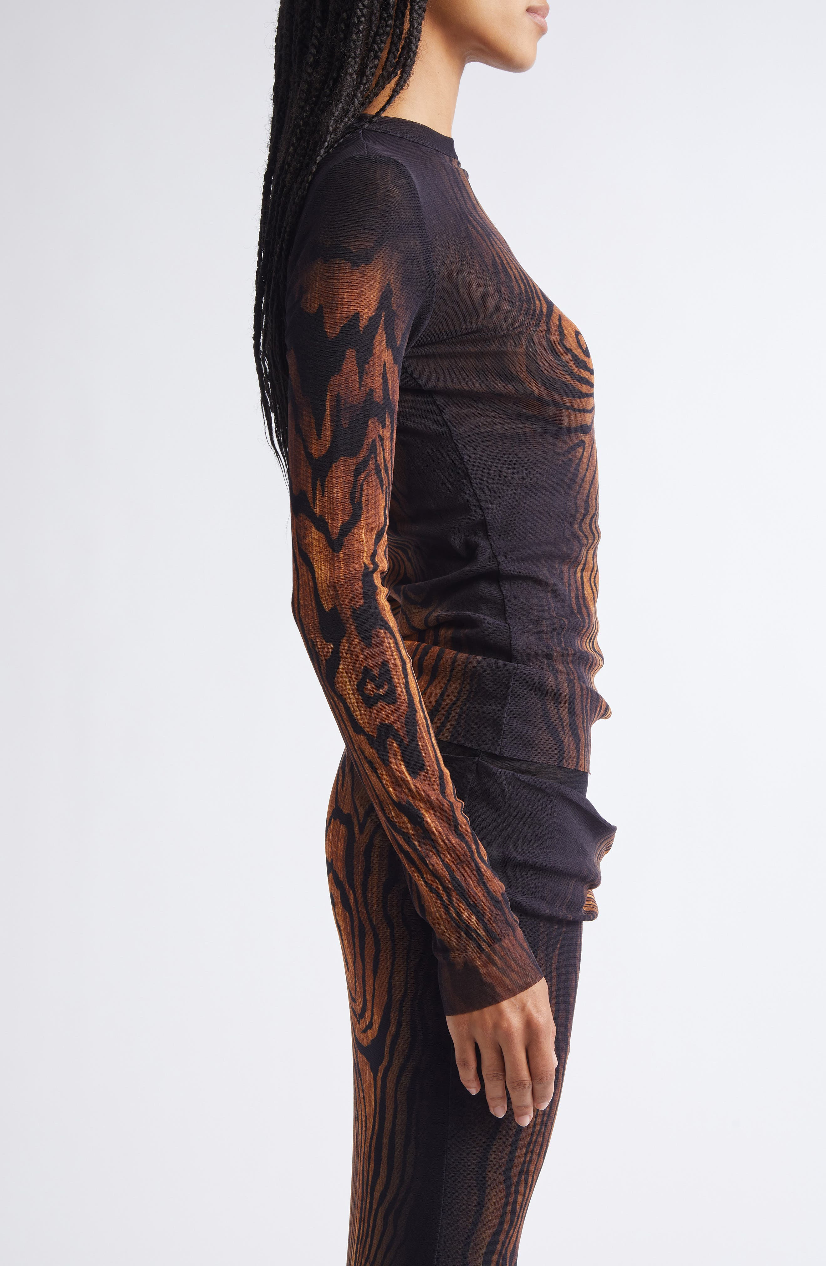 Jean Paul Gaultier Stripe Long Sleeve Mesh Top in Black/Brown at Nordstrom - 2