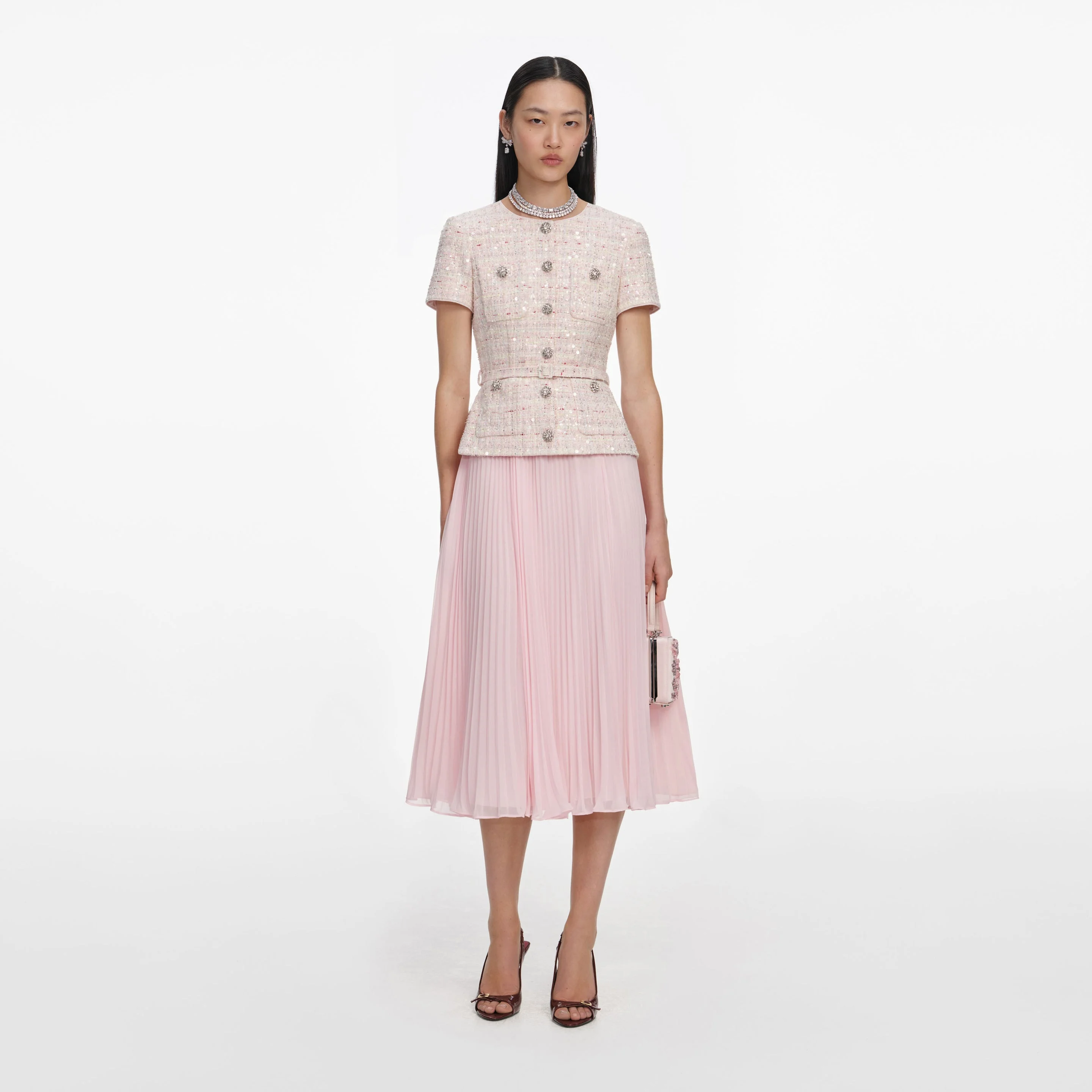 Pink Sequin Boucle Tailored Midi Dress - 1