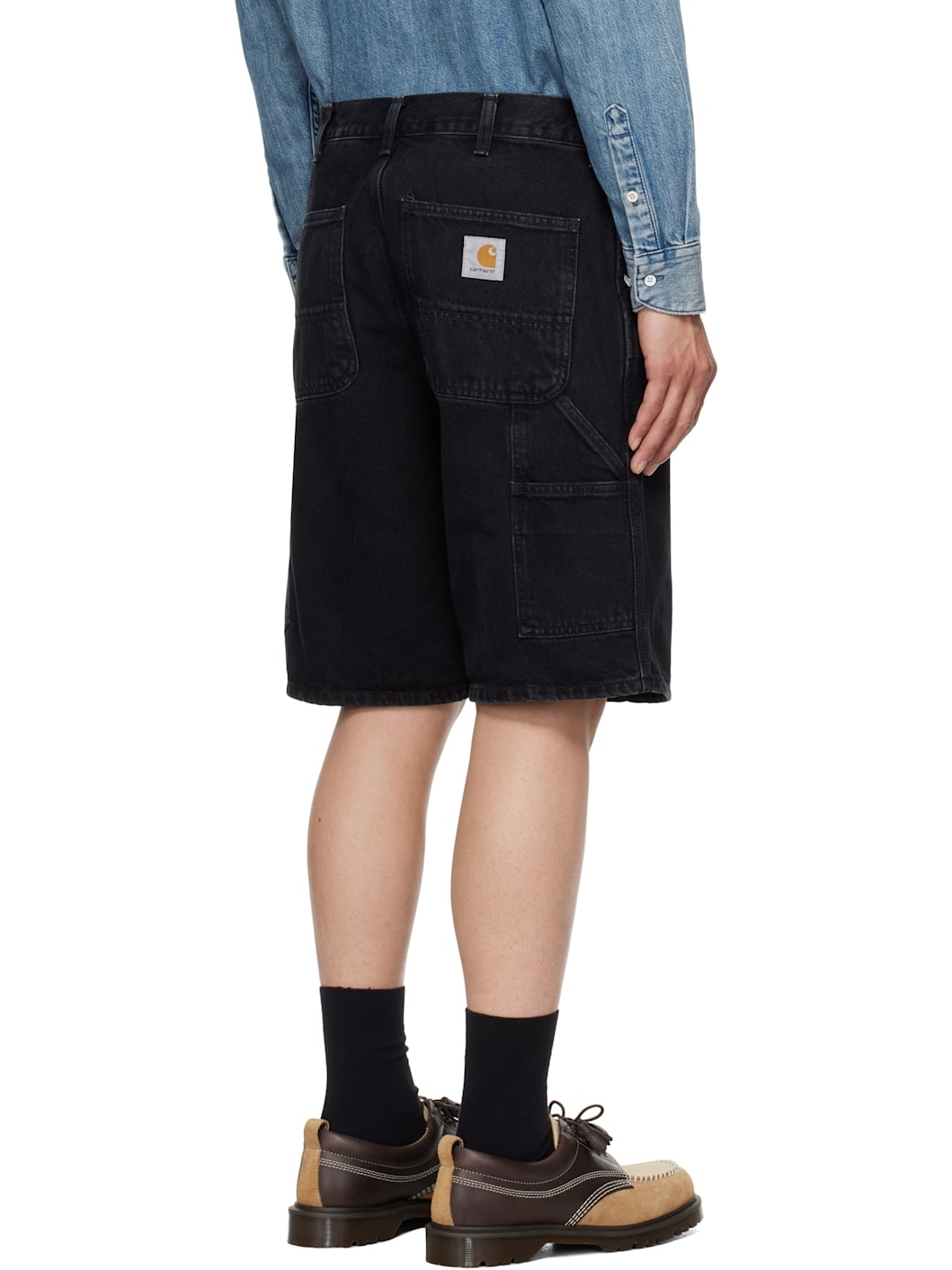Black Single Knee Denim Shorts - 3
