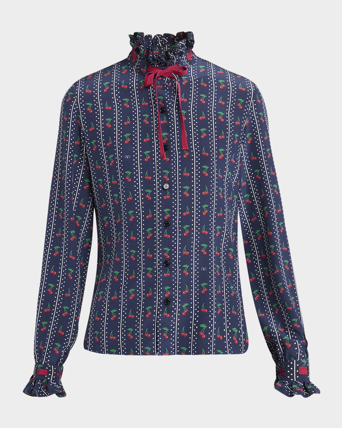 Cherry Polka-Dot Striped Crepe De Chine Shirt - 1