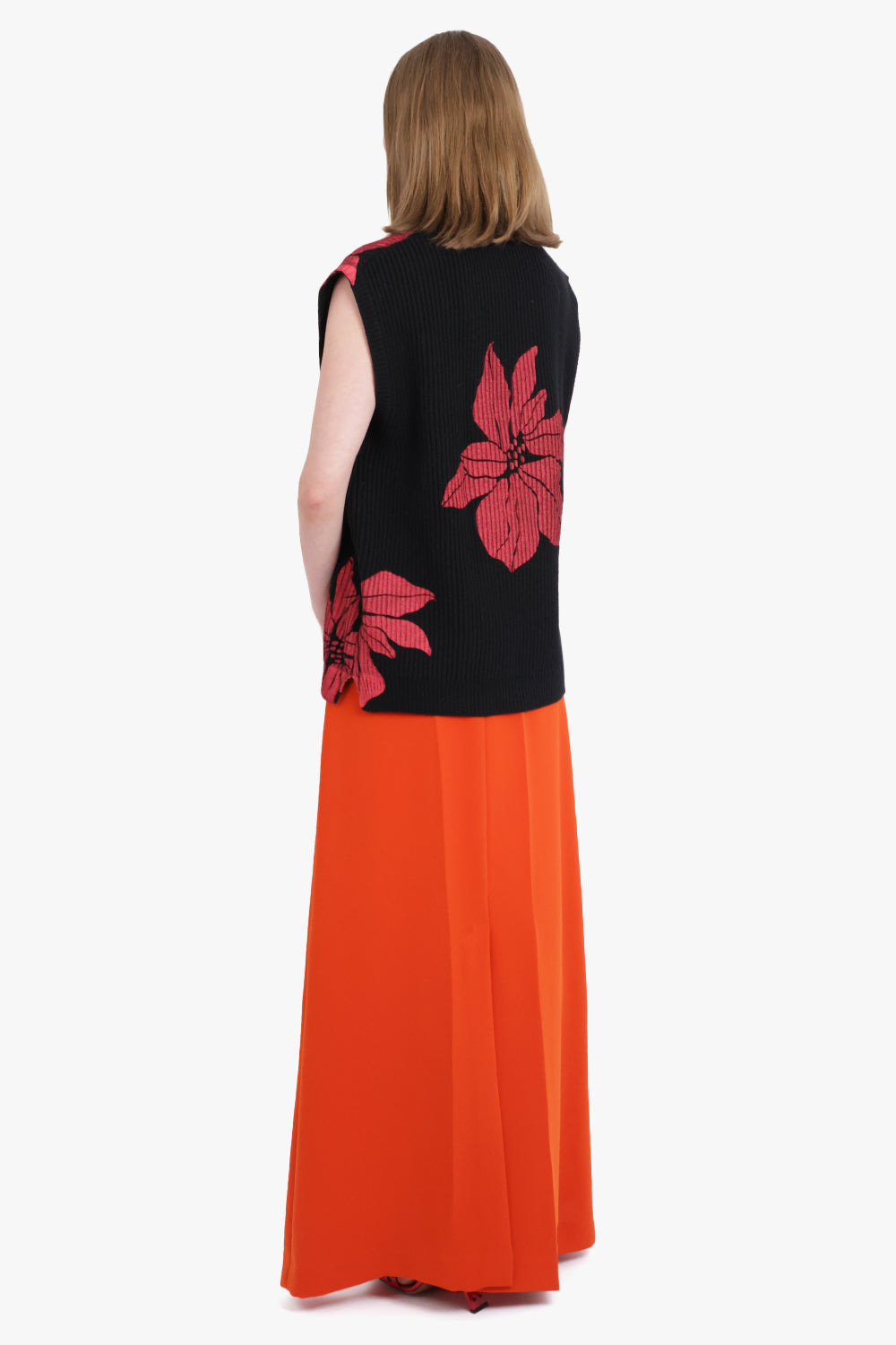 FLORAL PRINT V-NECK VEST KNIT | BLACK/RED - 3