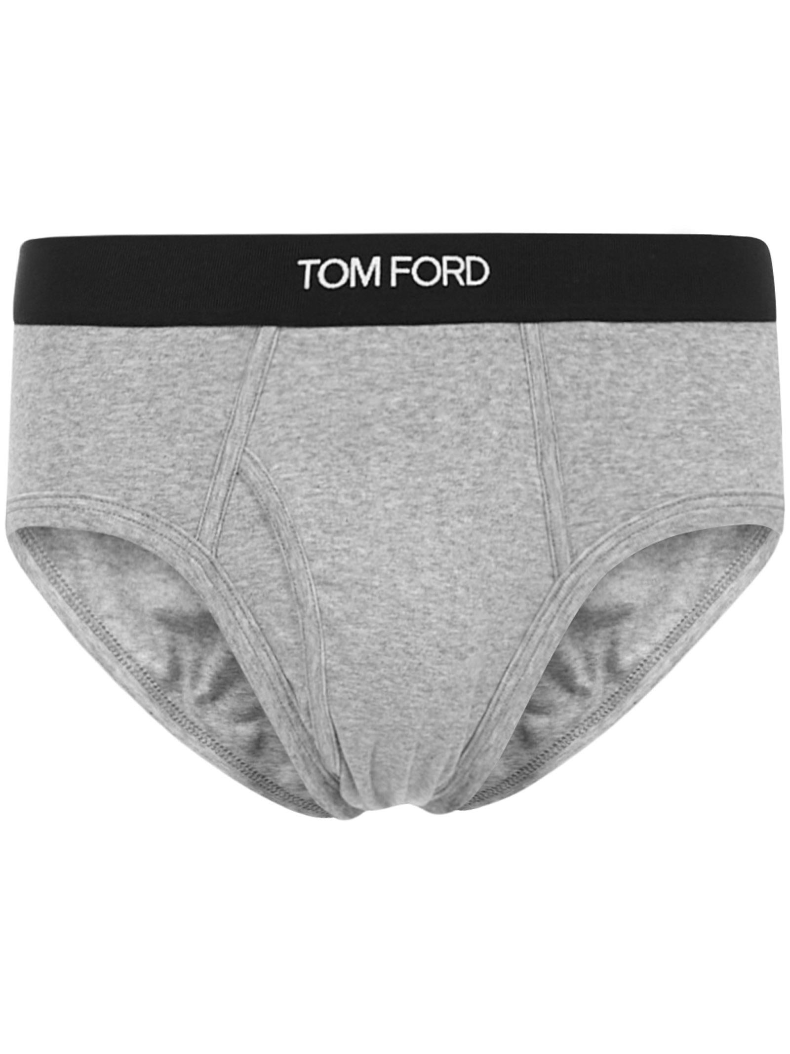 Gray stretch cotton briefs with black elastic waistband and Tom Ford jacquard logo. - 1