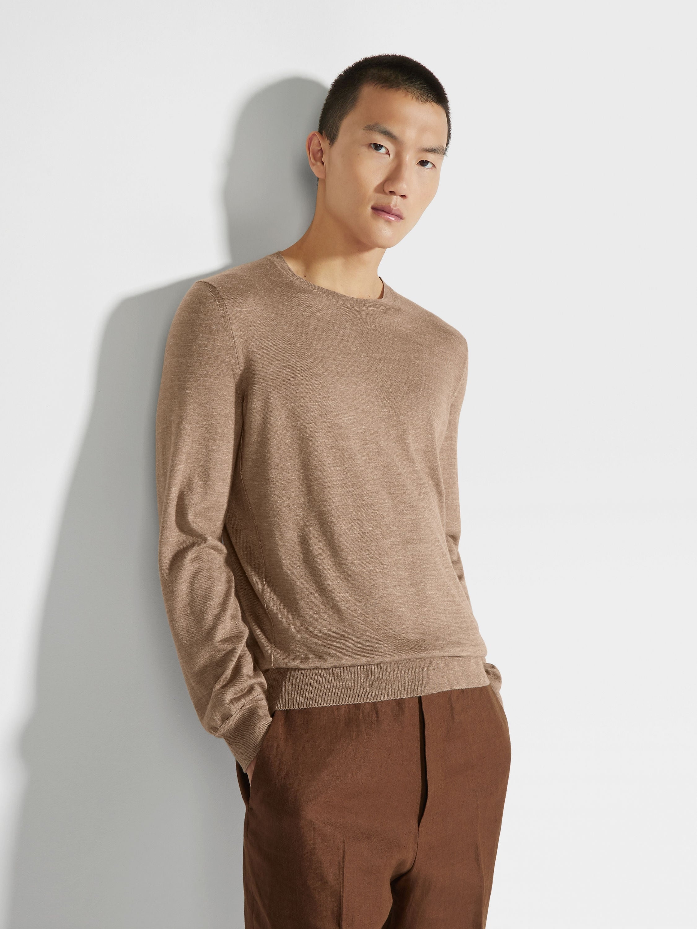 LIGHT BROWN MÉLANGE SILK CASHMERE AND LINEN CREWNECK - 3