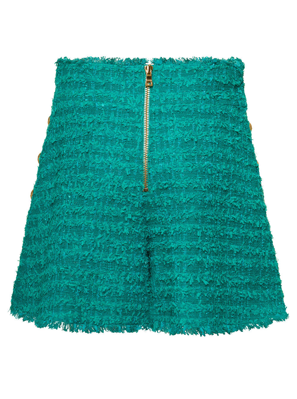 Balmain Women Green Shorts High Waist With Pinces And Fringed Hem In Tweed Woman - 2