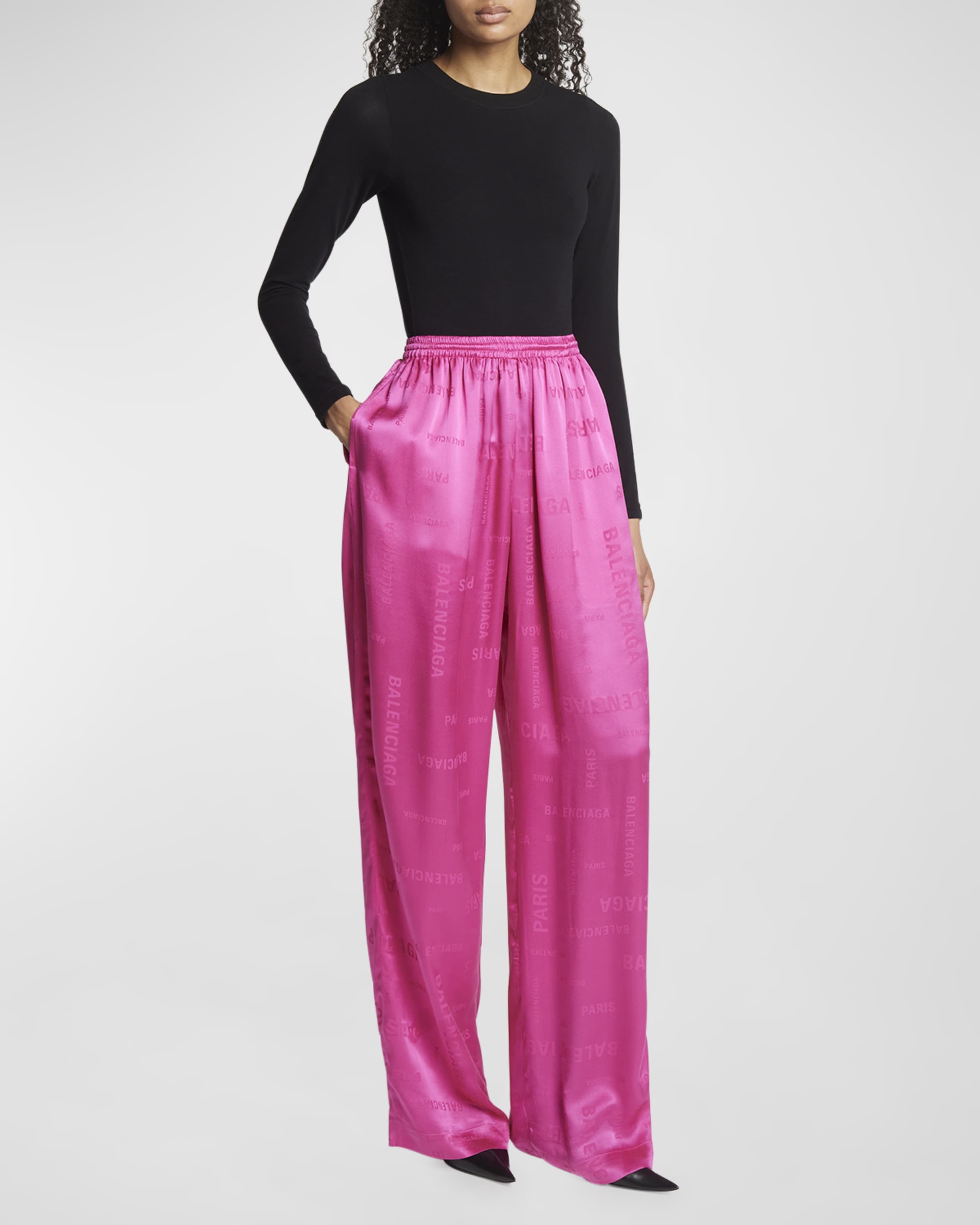 Logo Paris Silk Jacquard Wide-Leg Pull-On Tracksuit Pants - 5