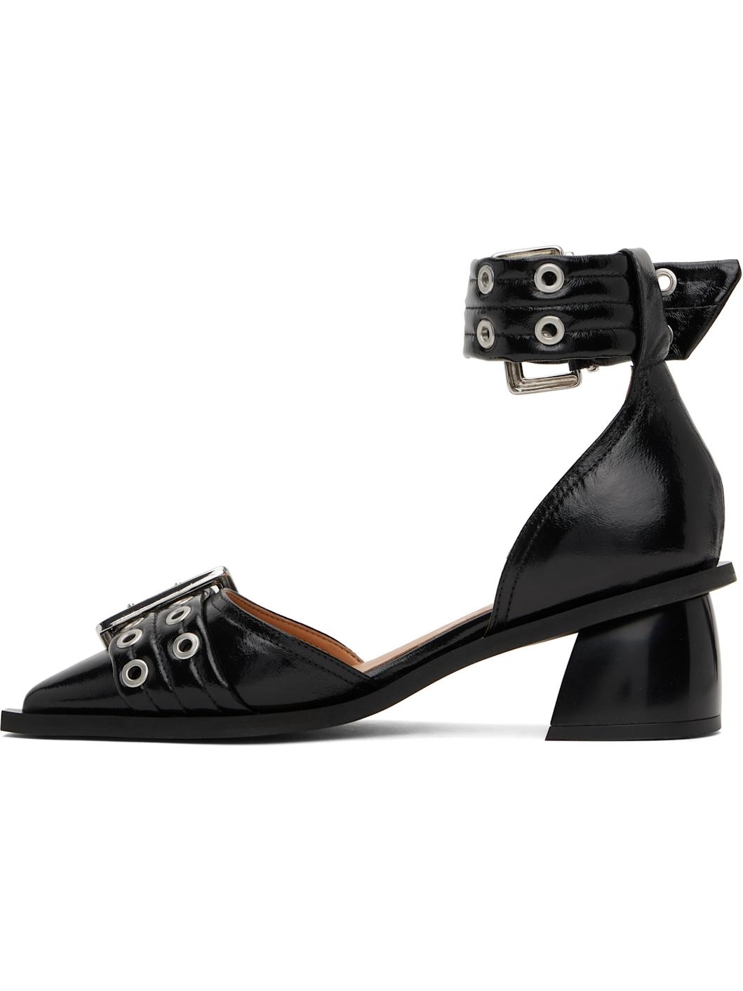 Black Feminine Buckle Open Cut Heels - 3