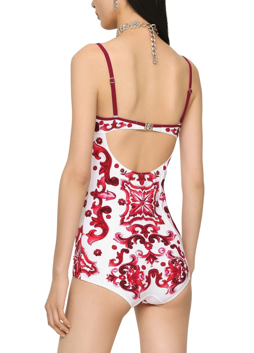 ワンピース水着 Dolce & Gabbana Polka-Dot Print Lycra Straples Dolce & Gabbana Balconette One-Piece Swimsuit with Majolica