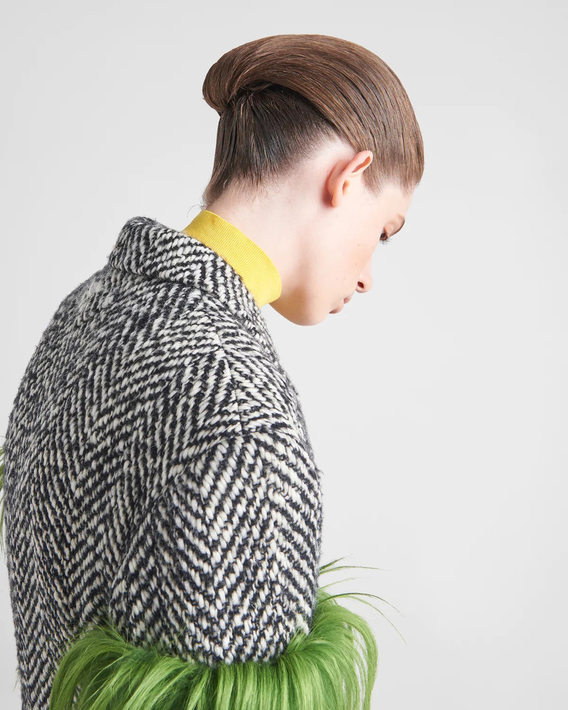 Double-breasted chevron and shearling coat 3