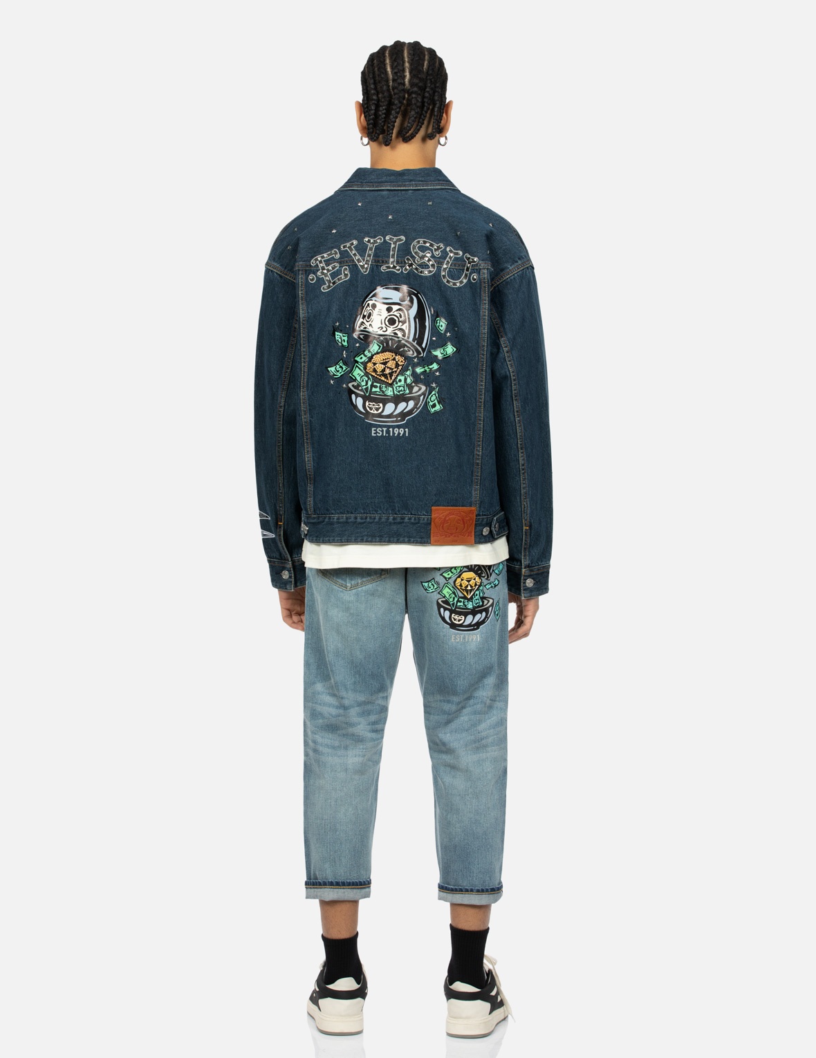 DIAMOND DARUMA AND SEAGULL PRINT LOOSE FIT DENIM JACKET - 5