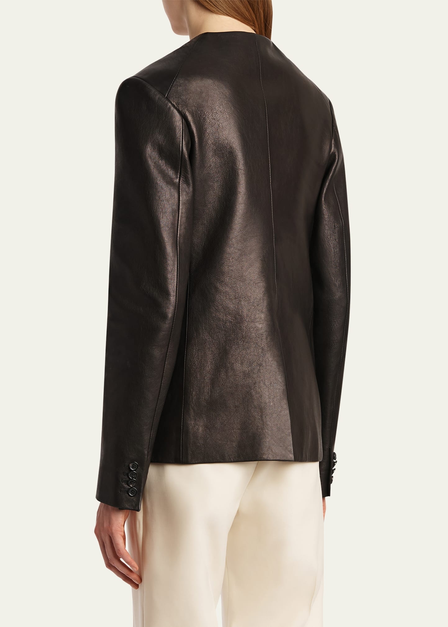 Jameson Single-Breasted Leather Collarless Jacket - 3