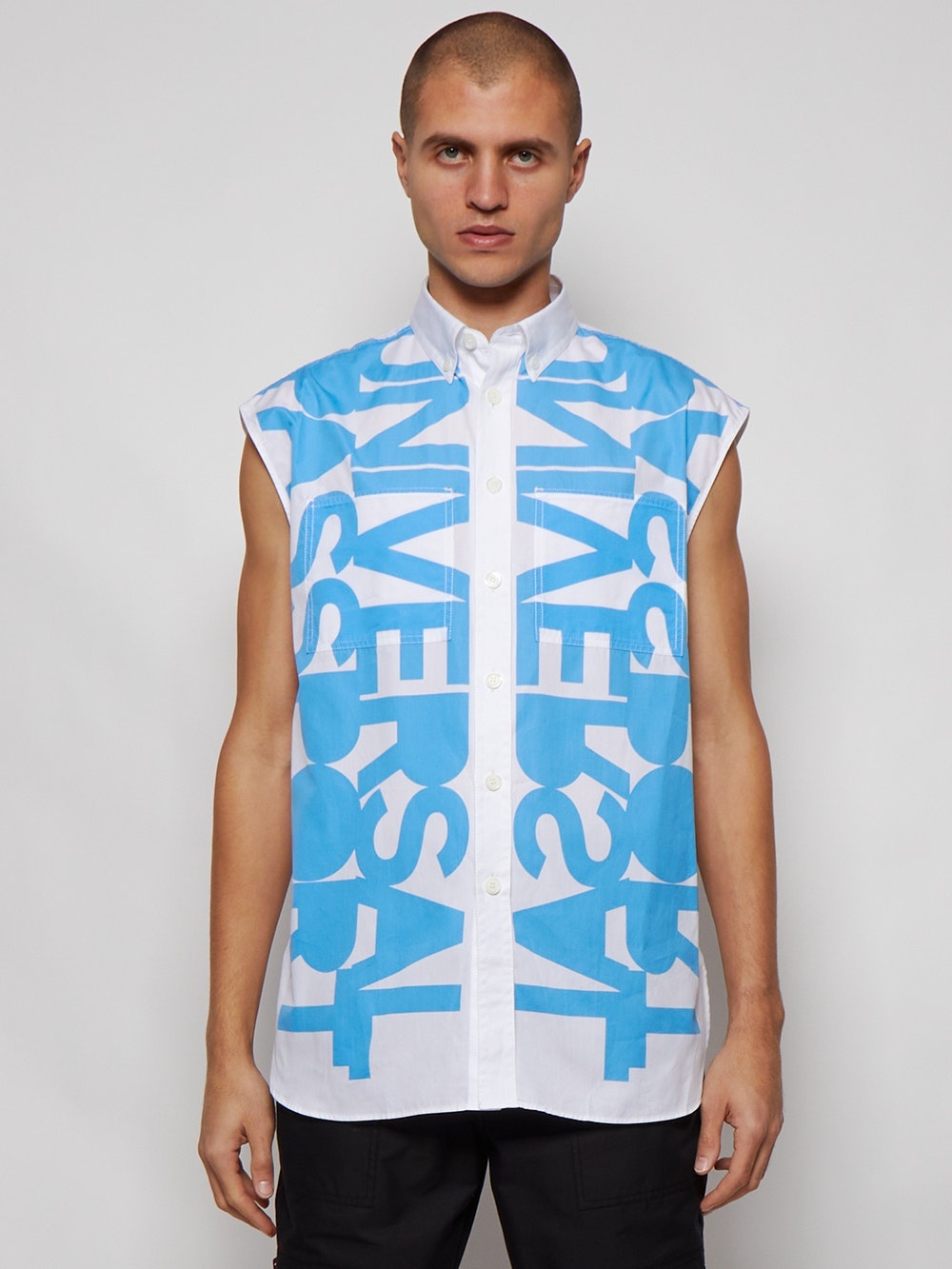 Sleeveless Slogan Print Cotton Poplin Shirt Blue Topaz - 3