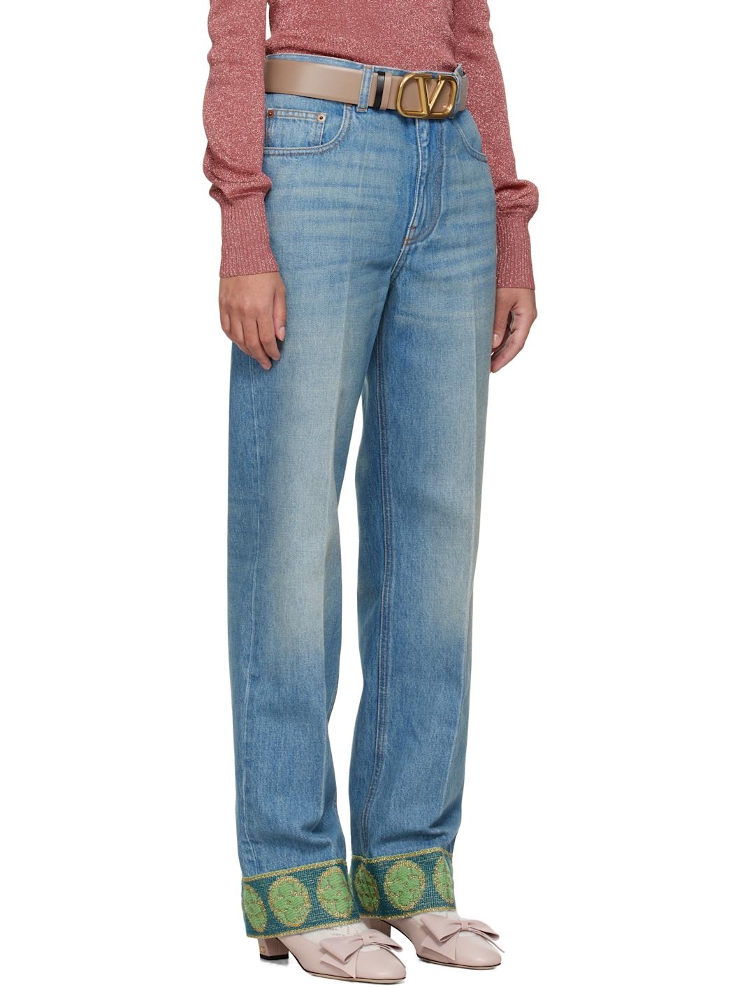 Blue Jacquard Trims Jeans - 2