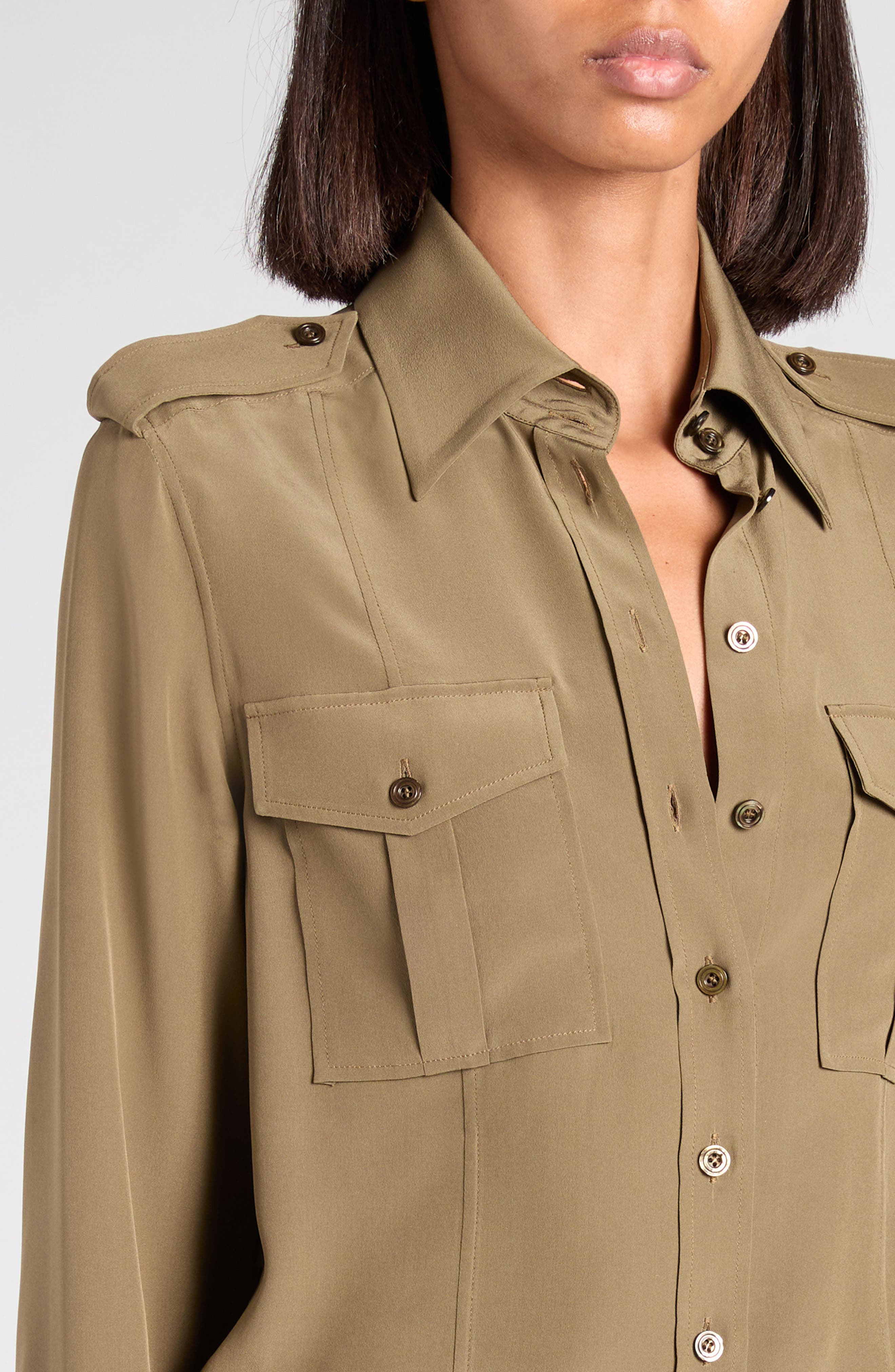 TOM FORD Silk crêpe de Chine Military Shirt in Fg501 Khaki at Nordstrom - 5