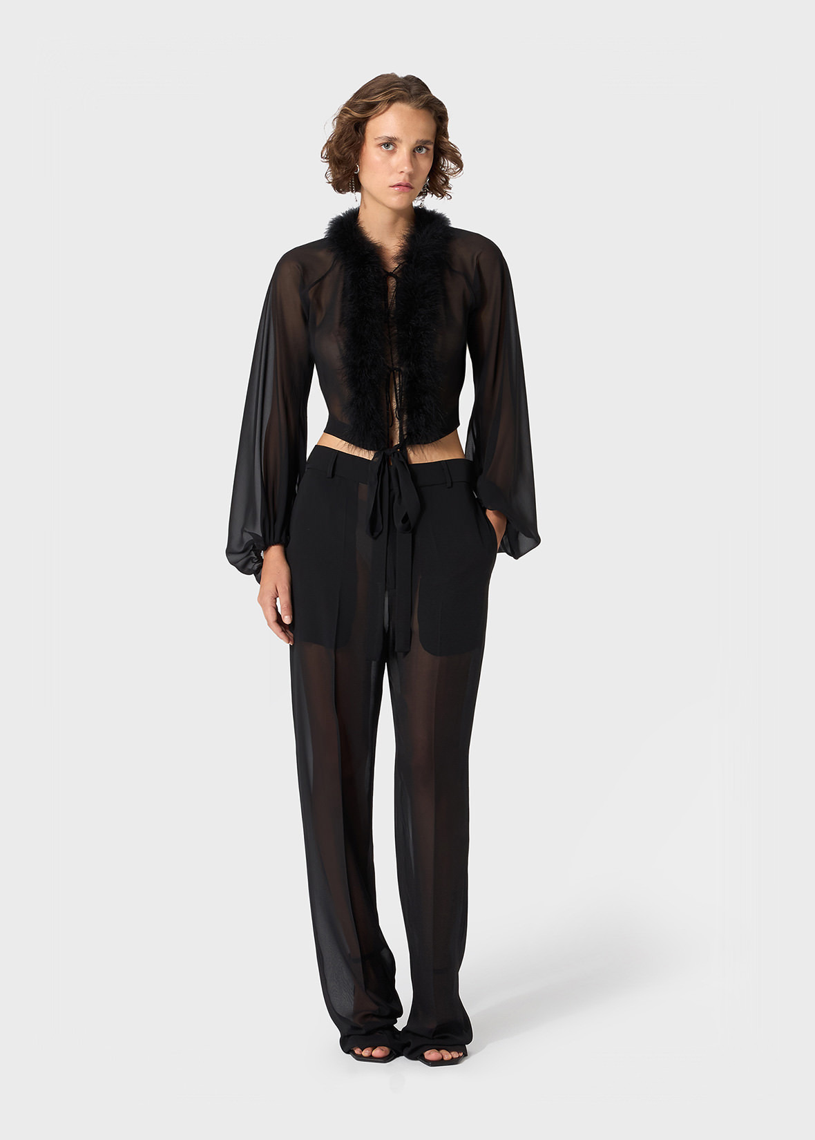 GEORGETTE SHIRT WITH FEATHER-TRIMMED NECKLINE - 2