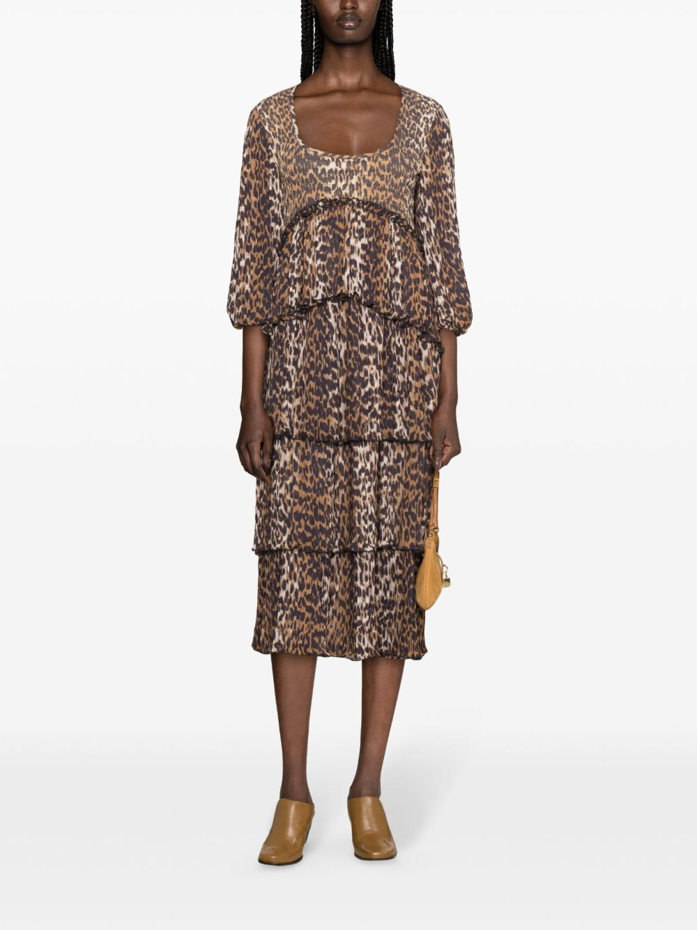 leopard-print short-sleeve layered midi dress - 2