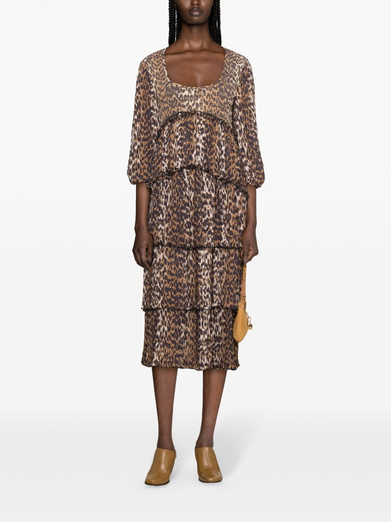 GANNI leopard-print short-sleeve layered midi dress outlook
