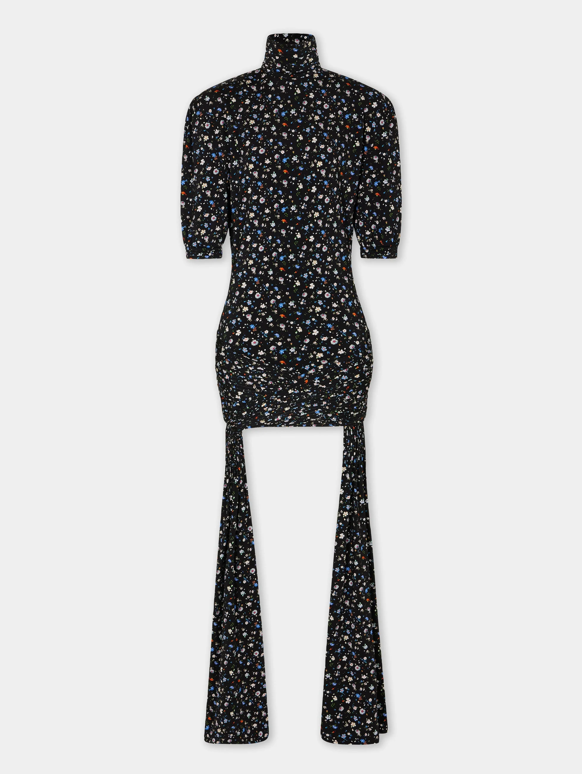 MINI BLACK FLORAL PRINT DRESS WITH RUCHED DETAILS - 1