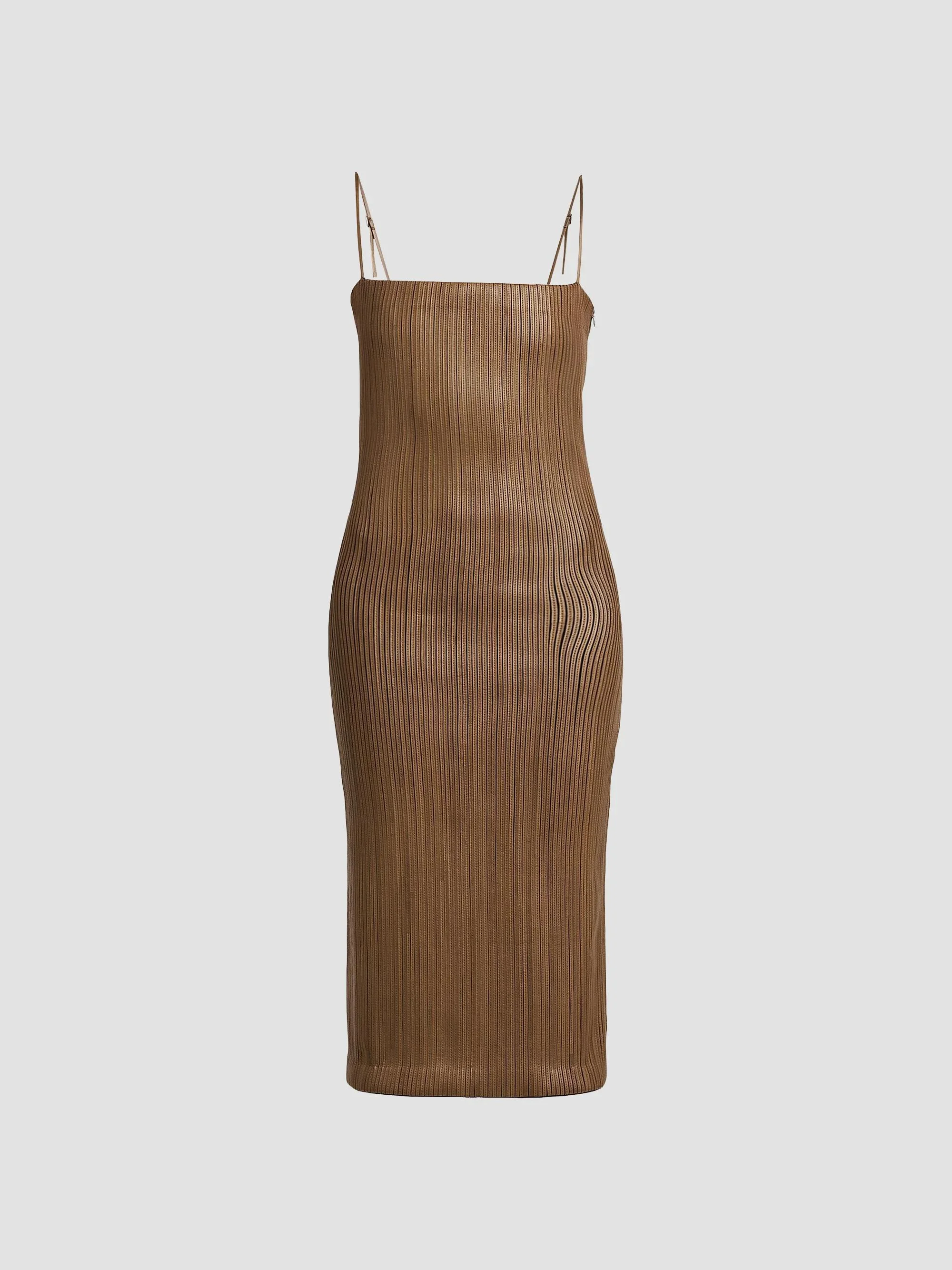 Women's Pleated Leather Sheath Midi Dress - Combo Taupe Black - 1