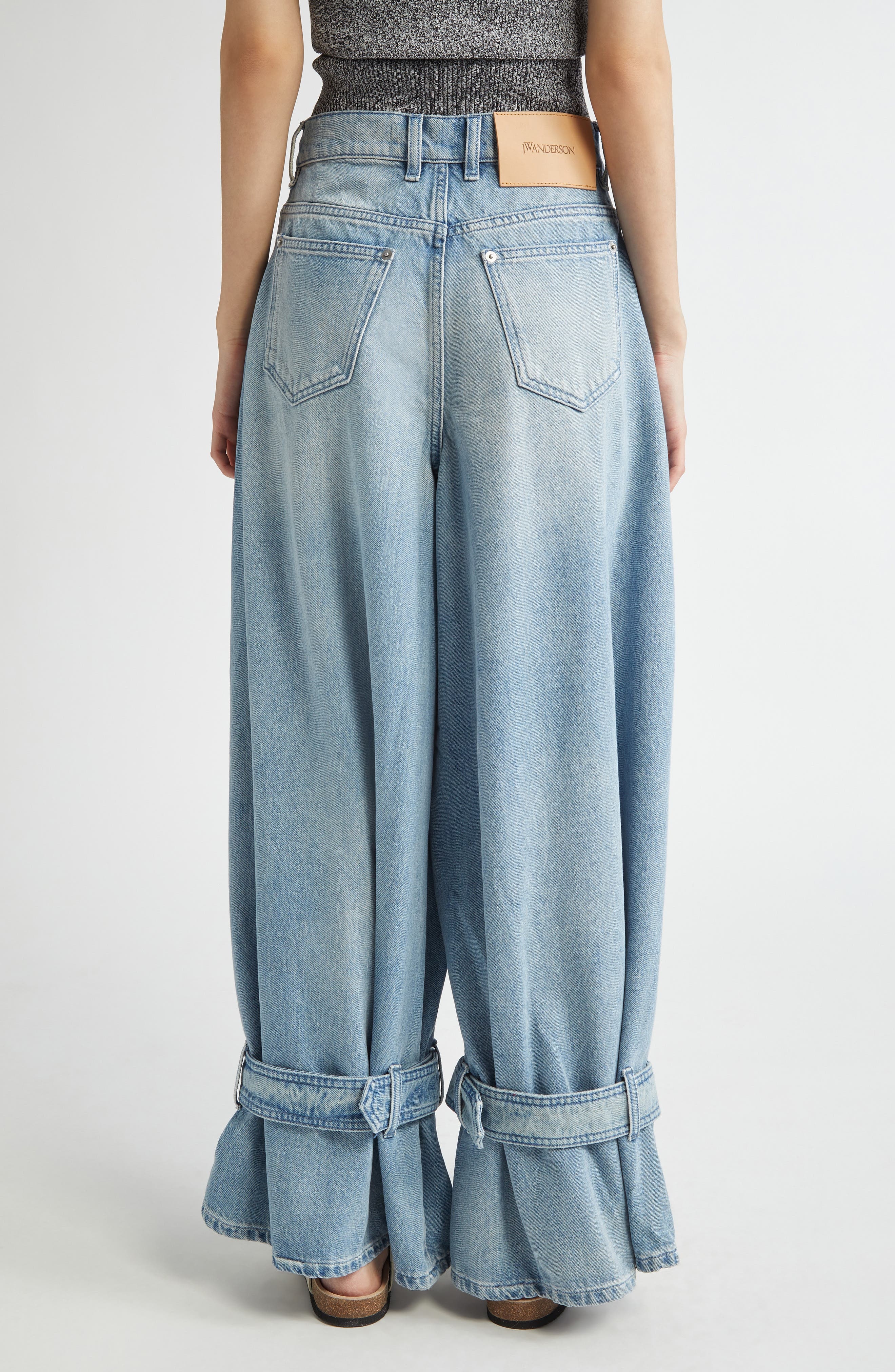 JW Anderson Buckled Cuff High Waist Wide Leg Jeans in Light Blue at Nordstrom - 3