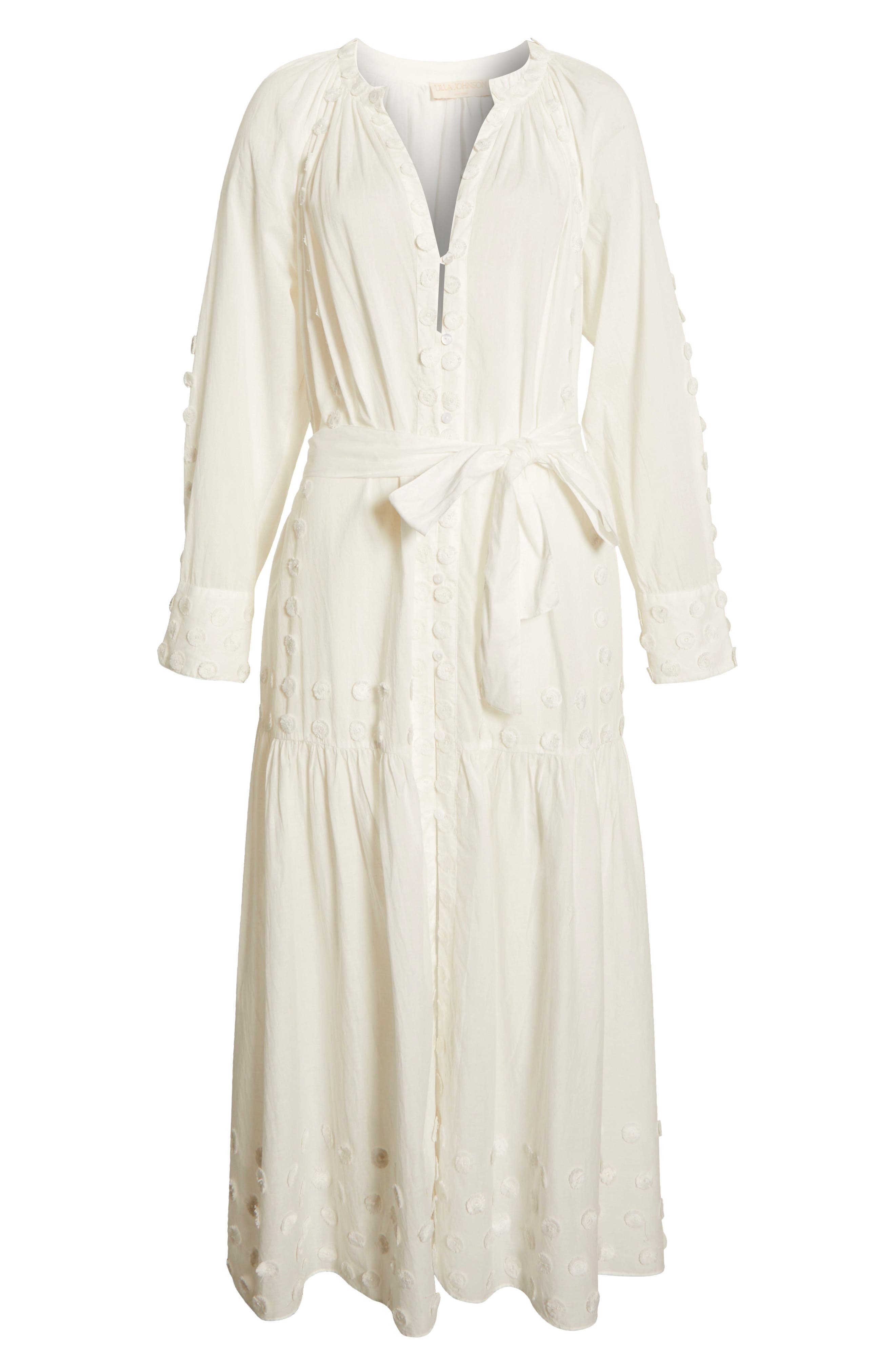 Ulla Johnson Emera Embroidered Tie Waist Long Sleeve Midi Dress in Pristine at Nordstrom - 6