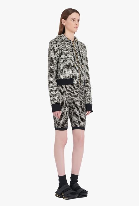 Cropped hooded cotton sweatshirt with ivory and black Balmain monogram - 7