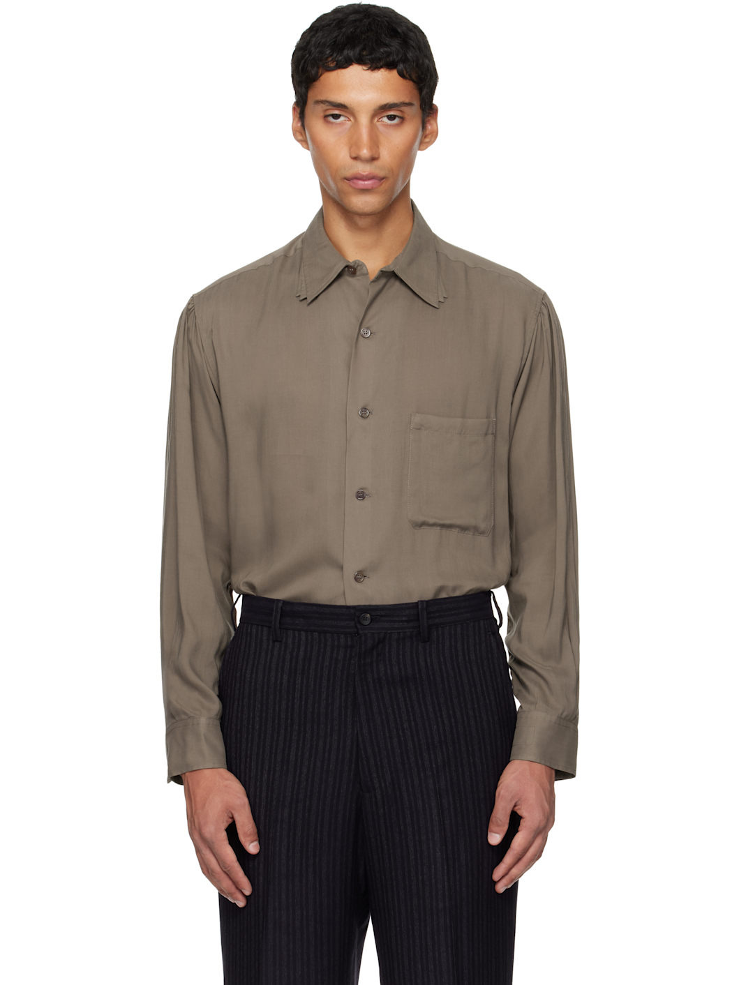 Khaki Cellulose Lawn 3Collar Sleeve Gather Shirt - 1