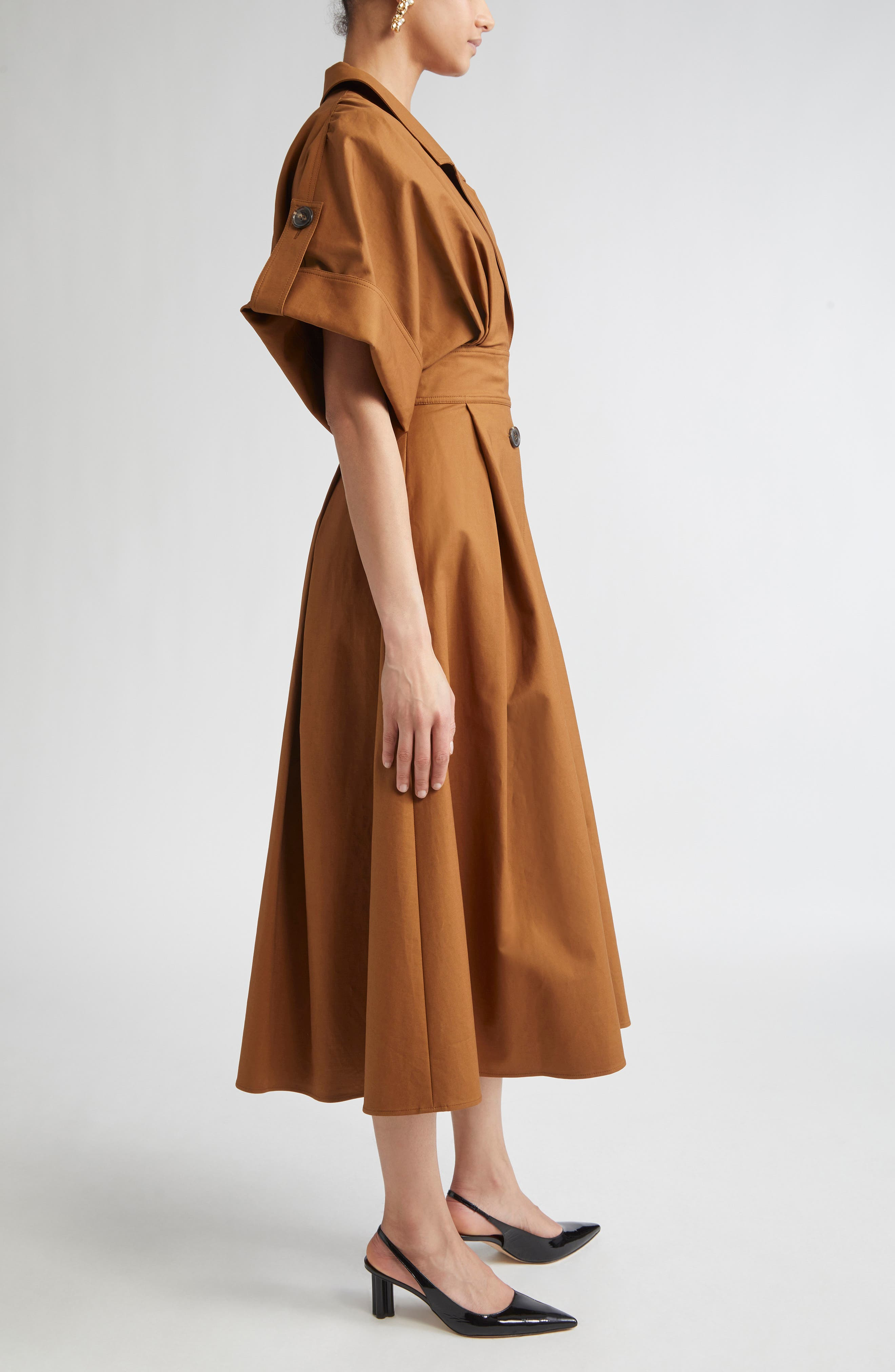 Carolina Herrera Wide Sleeve Belted Stretch Cotton Sateen Shirtdress in Nutmeg at Nordstrom - 3