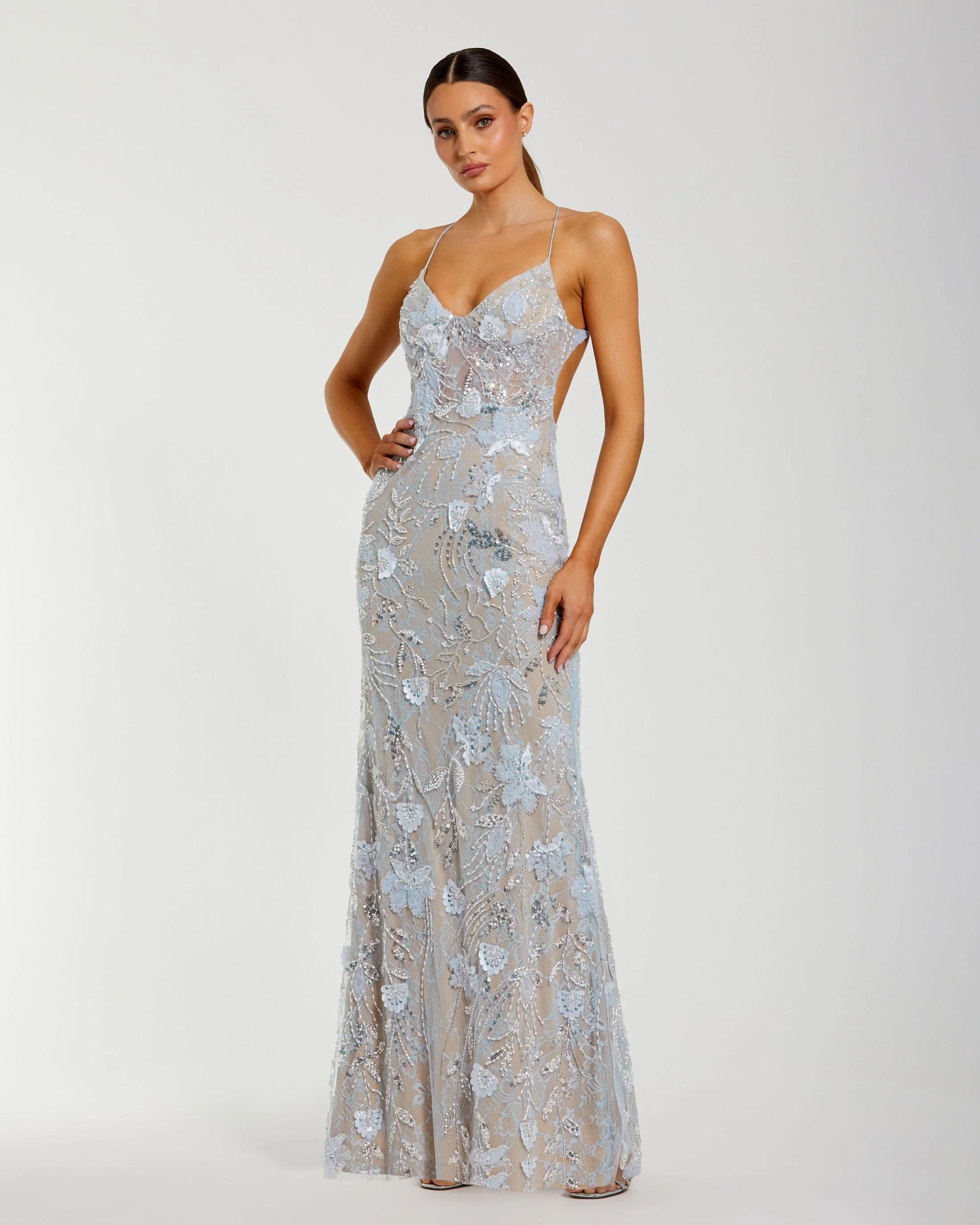 Powder Blue Sleeveless Embellished Open Back Column Gown - 1