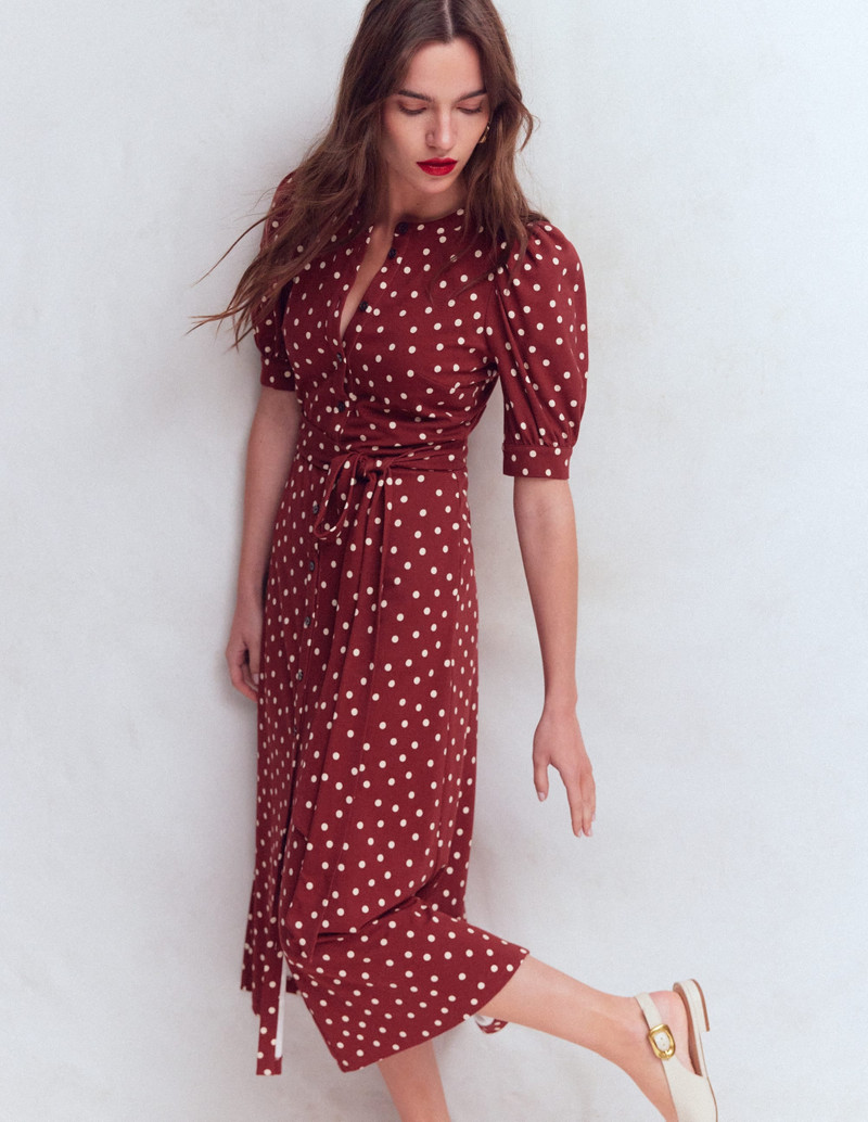 Puff Sleeve Ponte Shirt Dress-Red Pear, Painted Dot 7