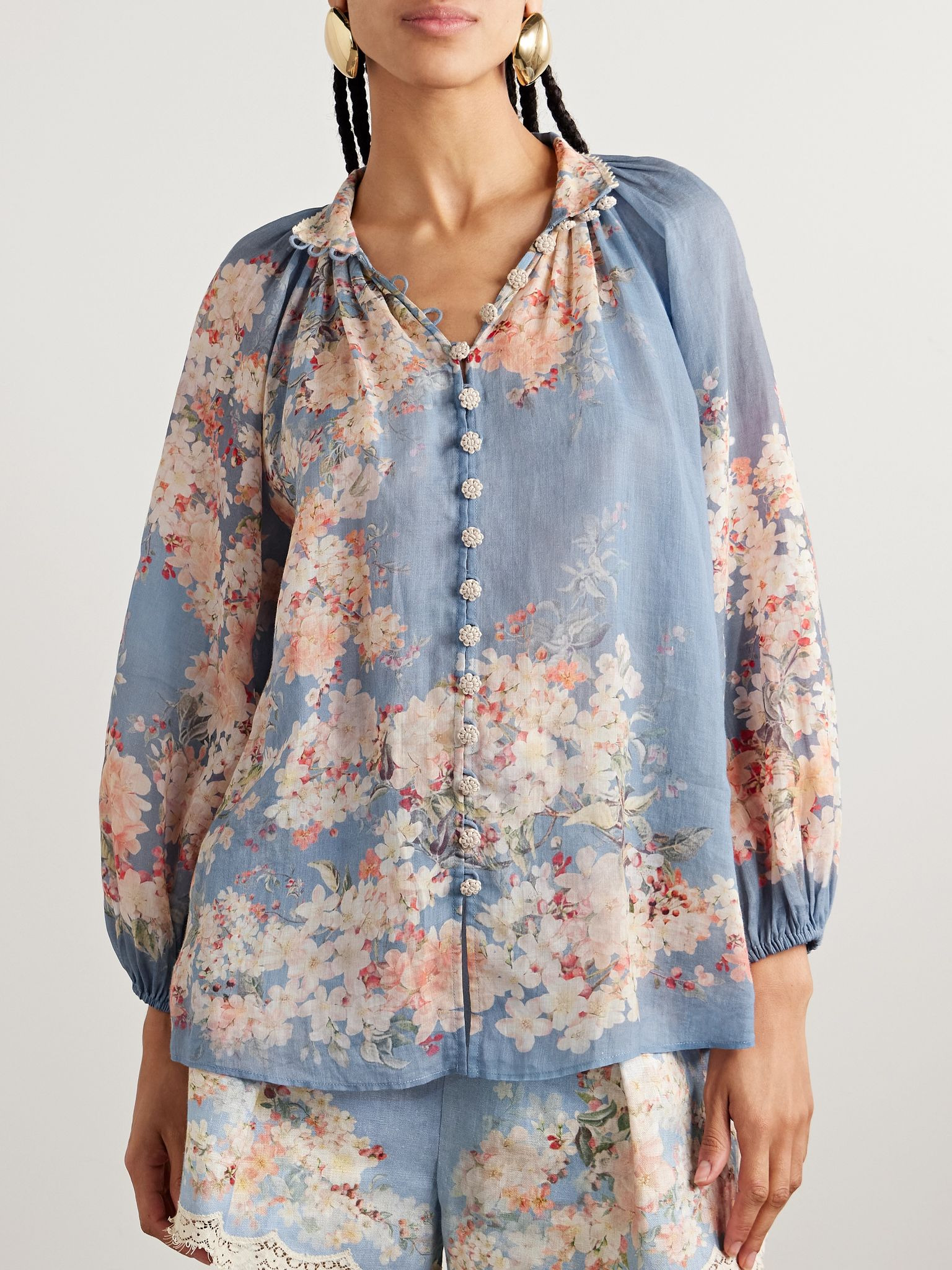Cascadian lace-trimmed floral-print ramie blouse Blue - 3