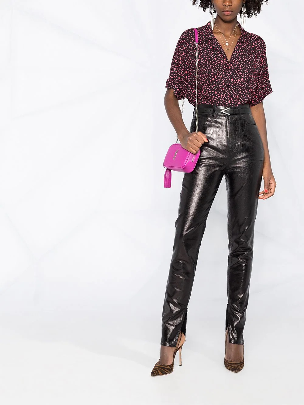 high-waisted leather effect trousers - 2