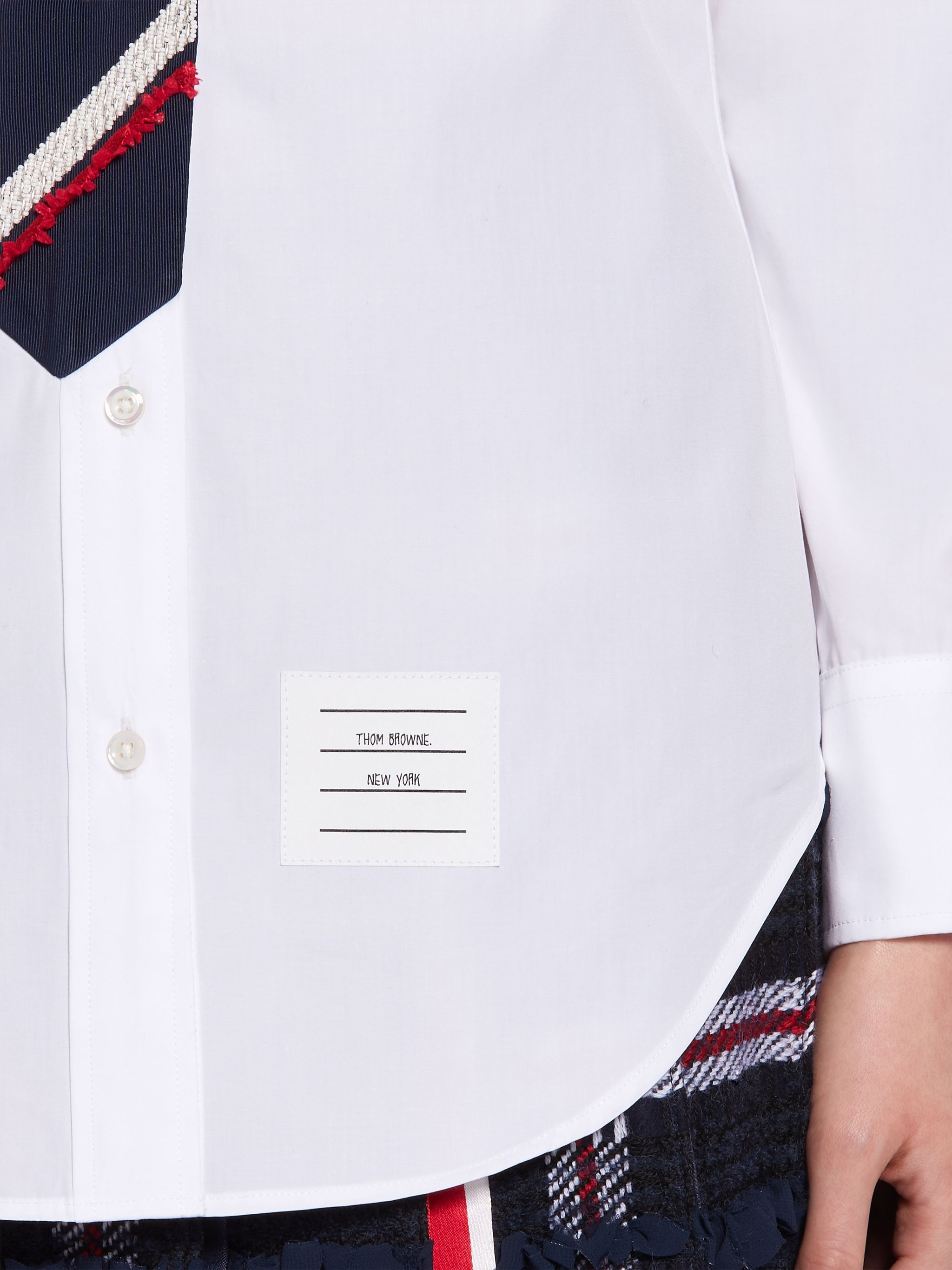 White Cotton Poplin Trompe L'Oeil Necktie Embroidered Classic Shirt - 6