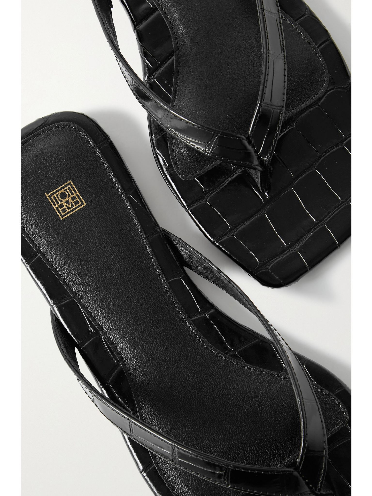 Croc-effect leather flip flops Black - 4