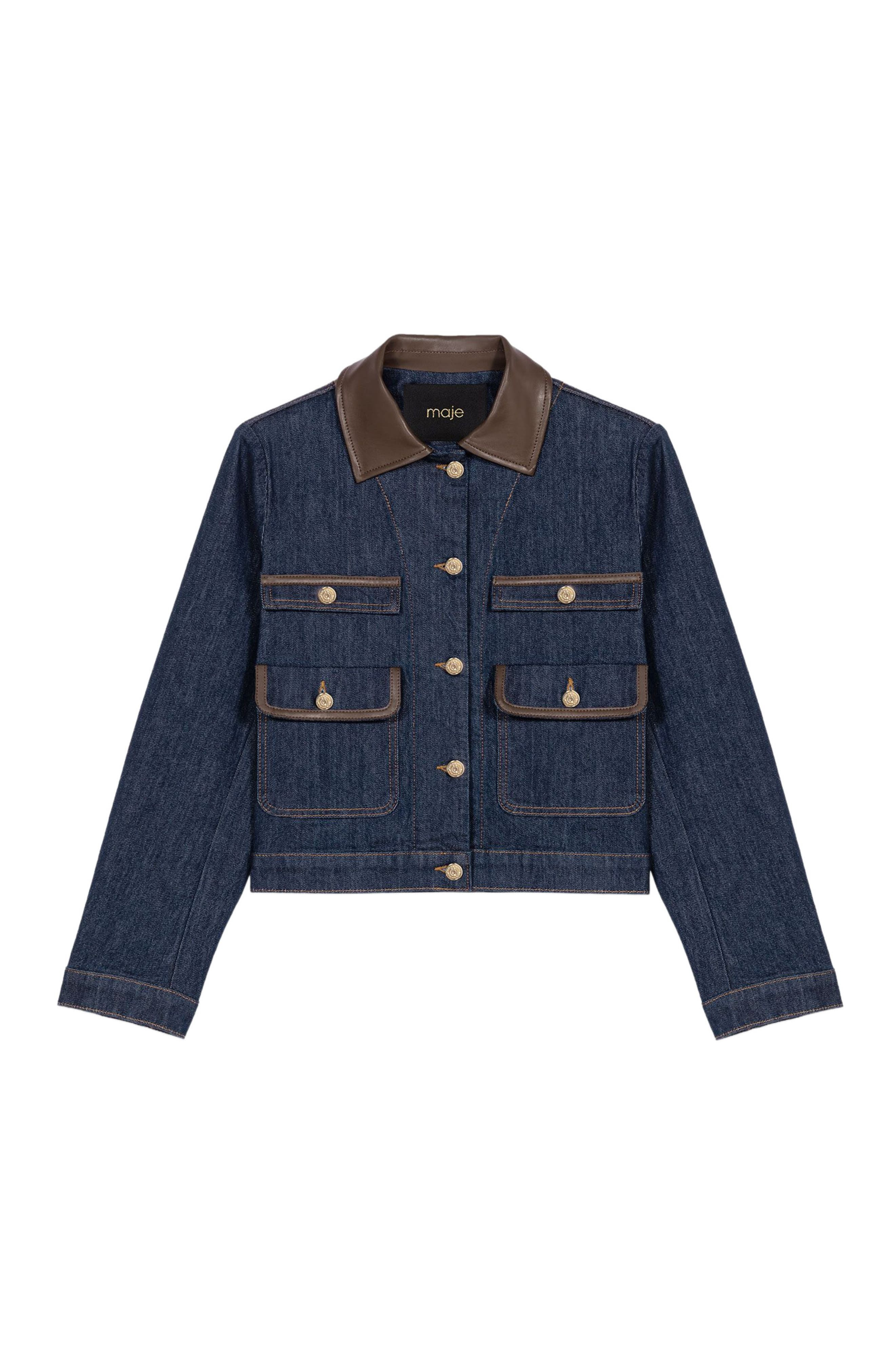 maje Denim jacket with faux leather in Navy at Nordstrom - 7