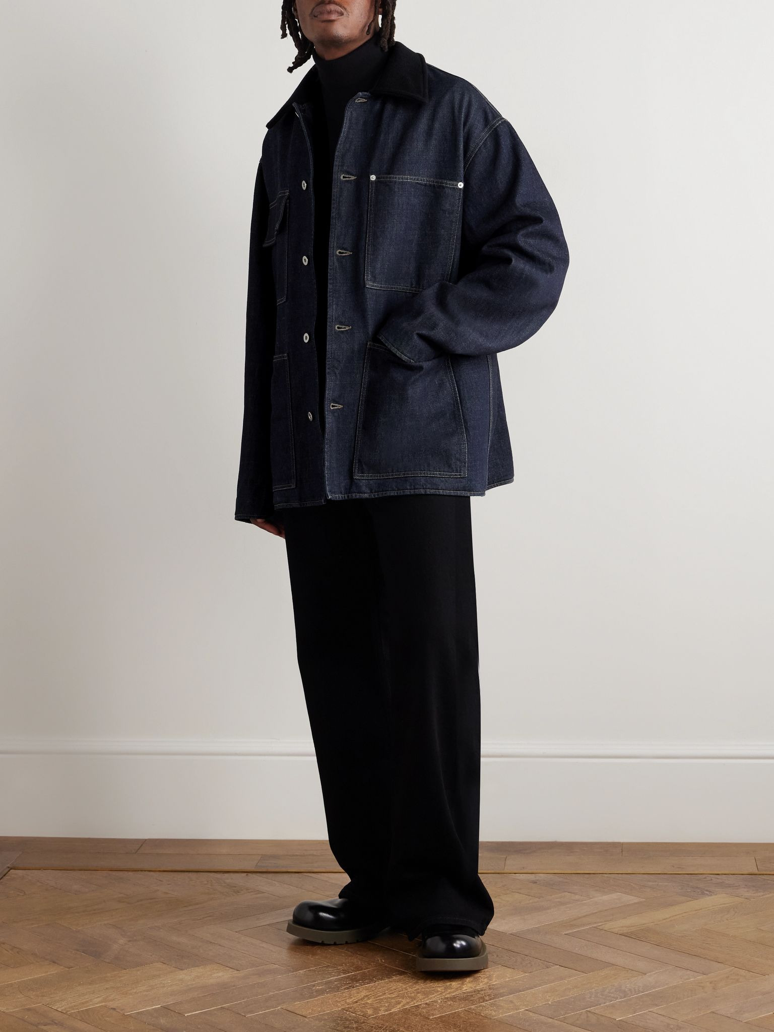 Oversized Wool Felt-Trimmed Denim Jacket Blue - 2