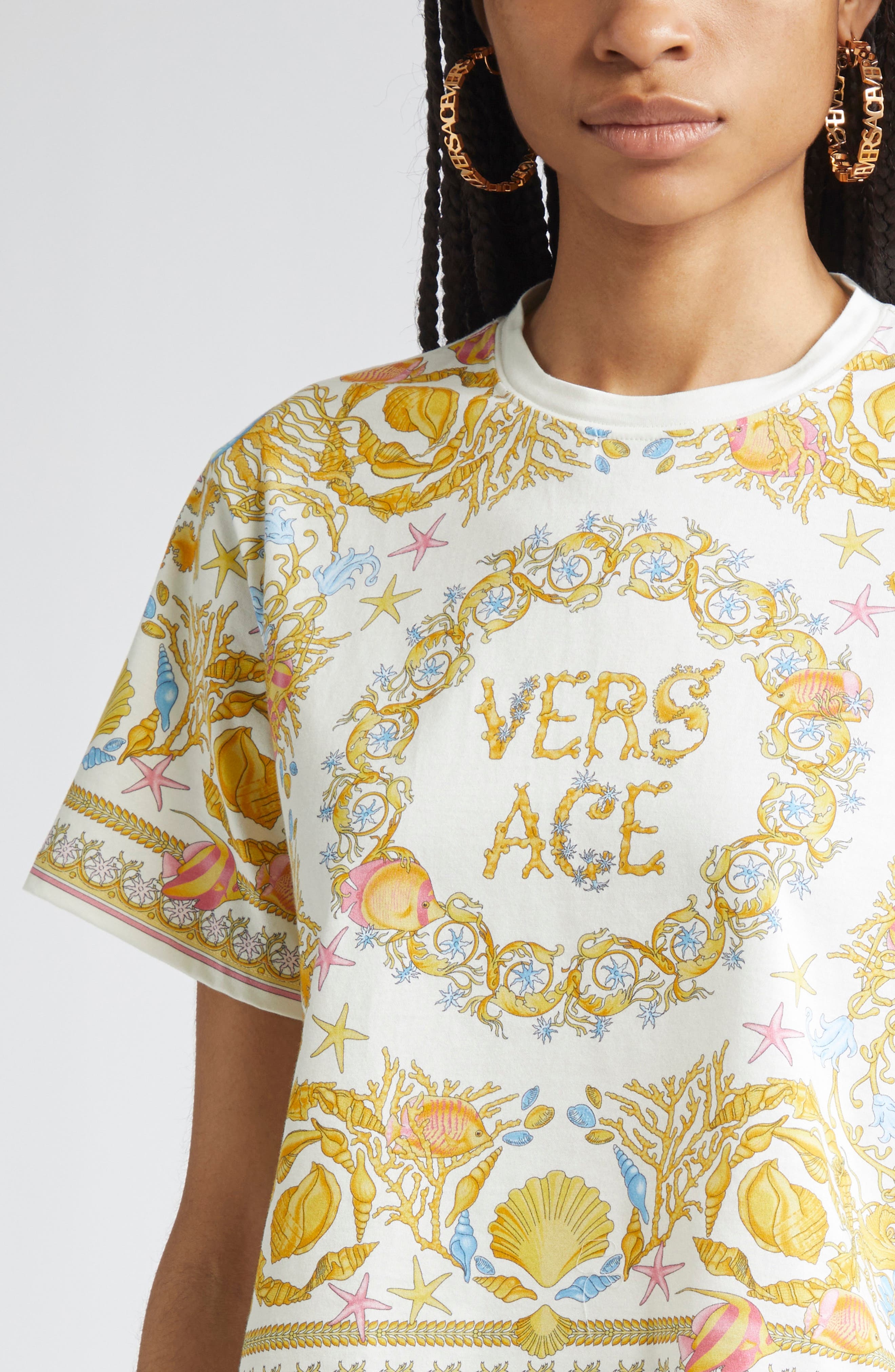 Versace Barocco Underwater Cotton T-Shirt in Eggshell Multicolor at Nordstrom - 5