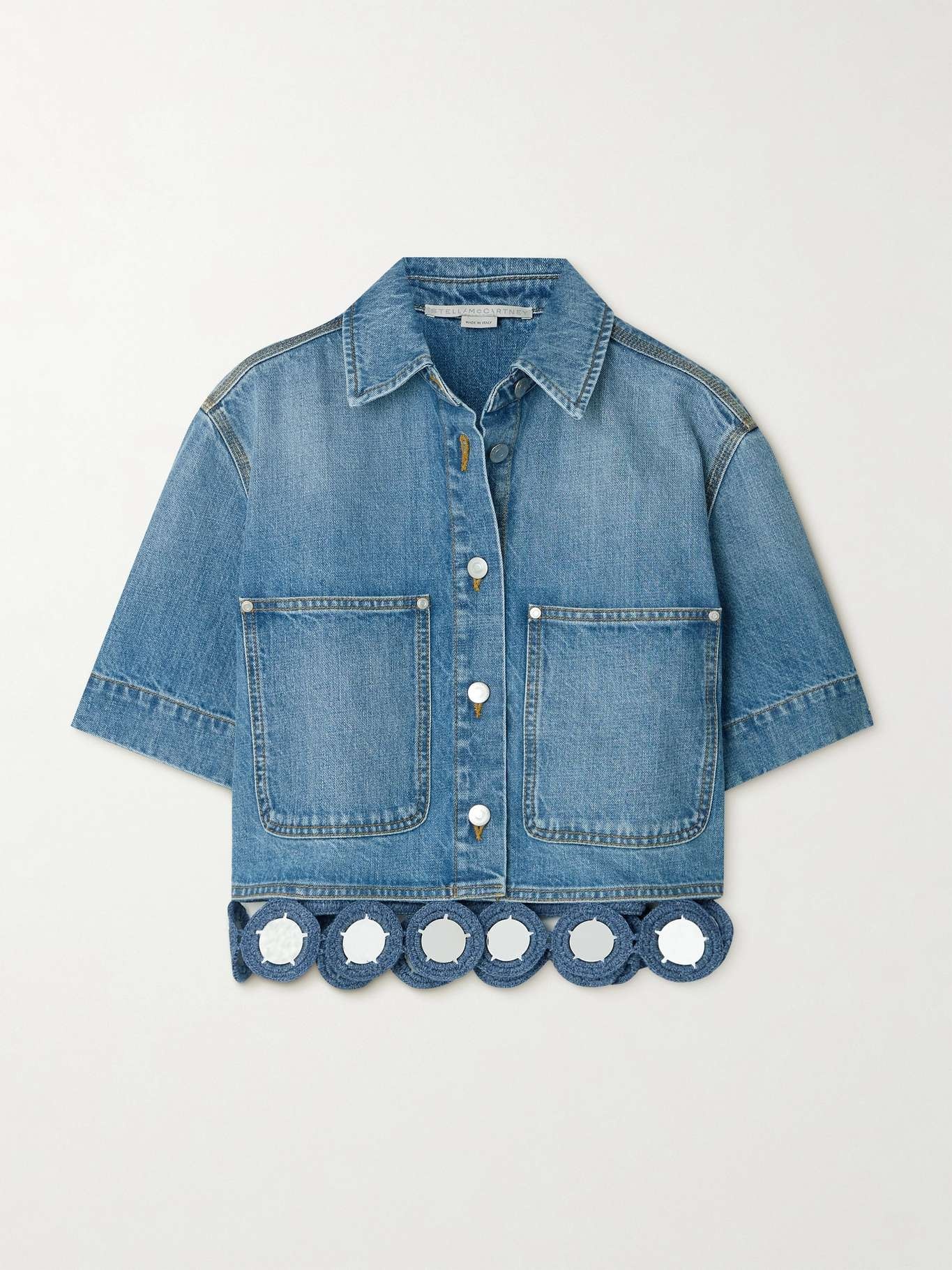 Cropped embellished crochet-trimmed denim shirt - 1