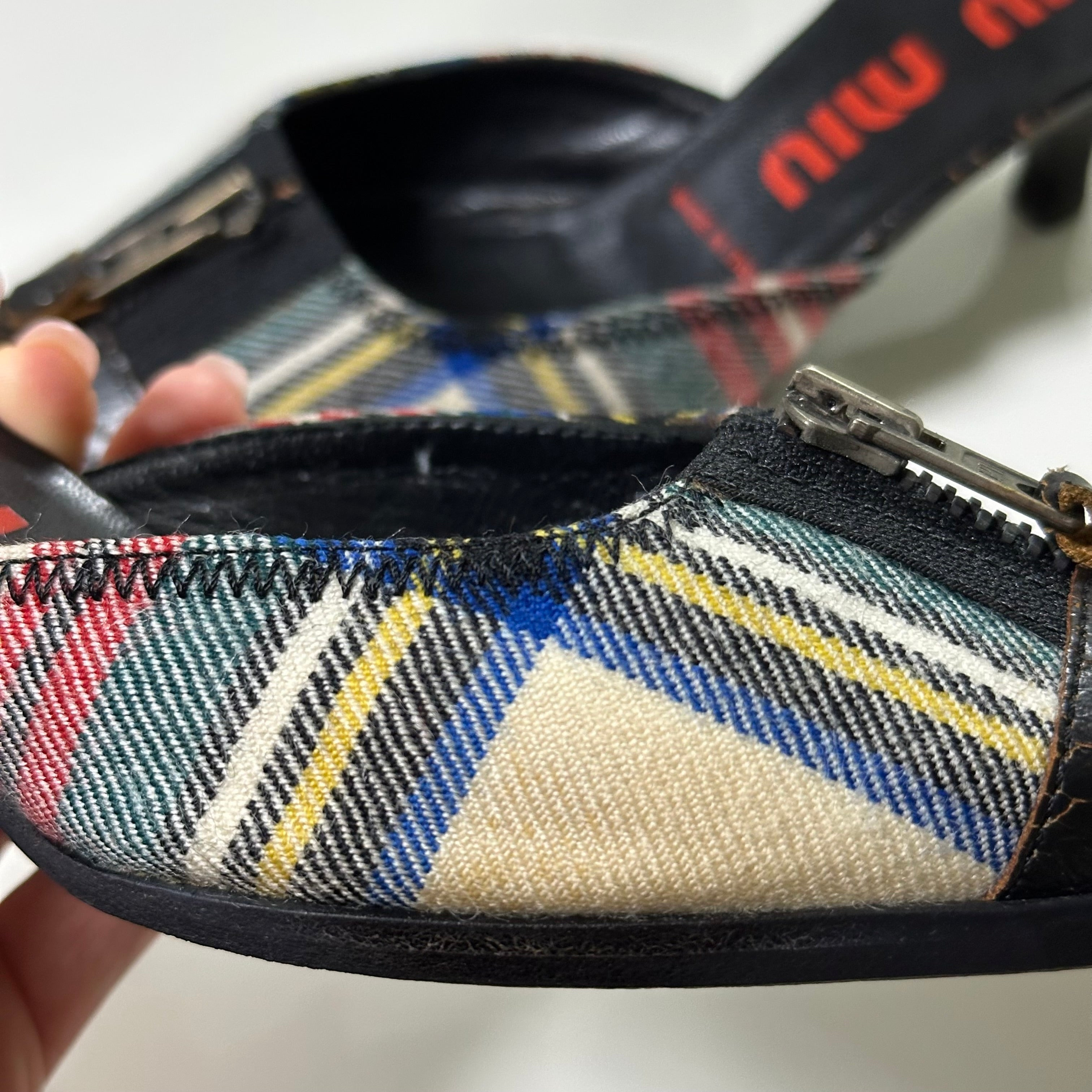 MIU MIU Cracked Leather Checkered Mules - 7