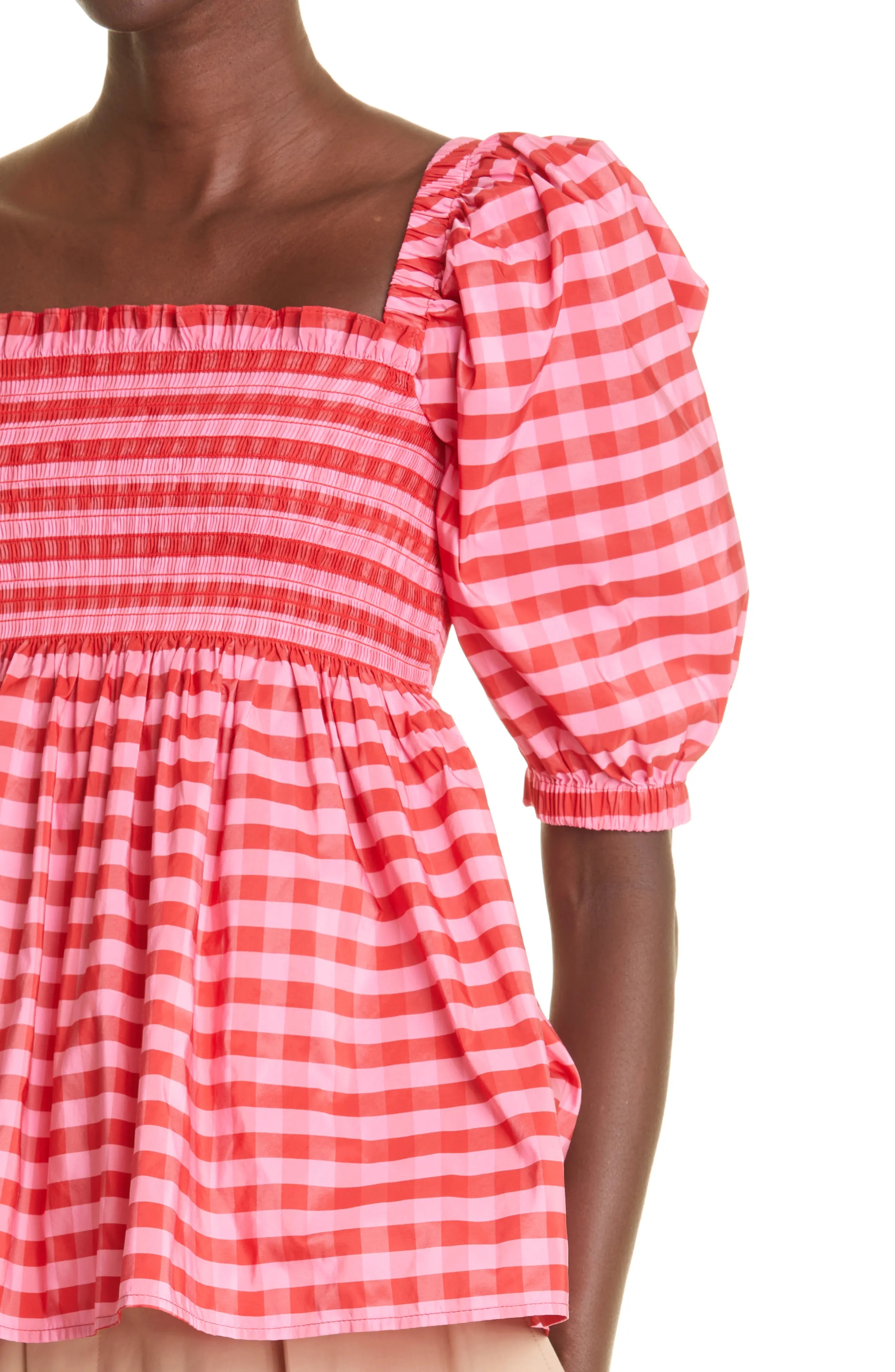 Women's Axel Gingham Smocked Taffeta Top in Pink/Red - 4