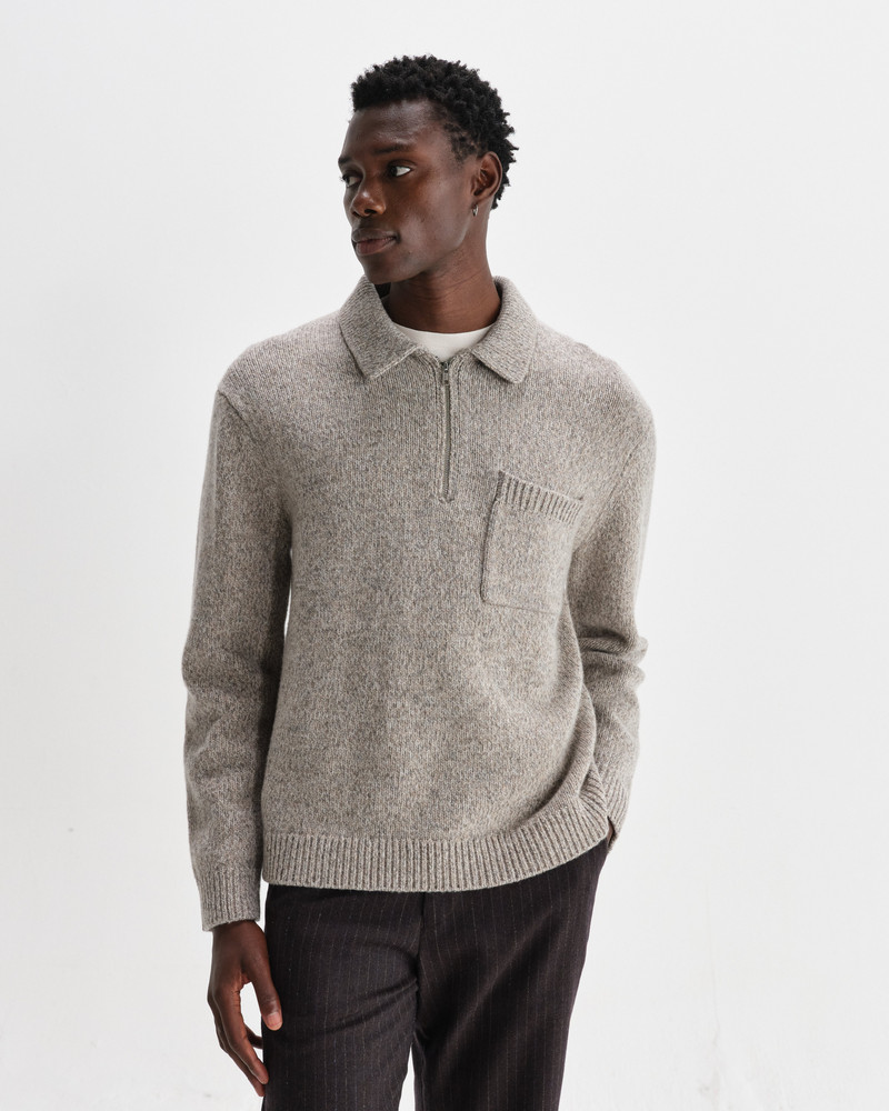 Wax London Alpha - Grey Plain Stitch Fleck-Wool Zip Polo outlook